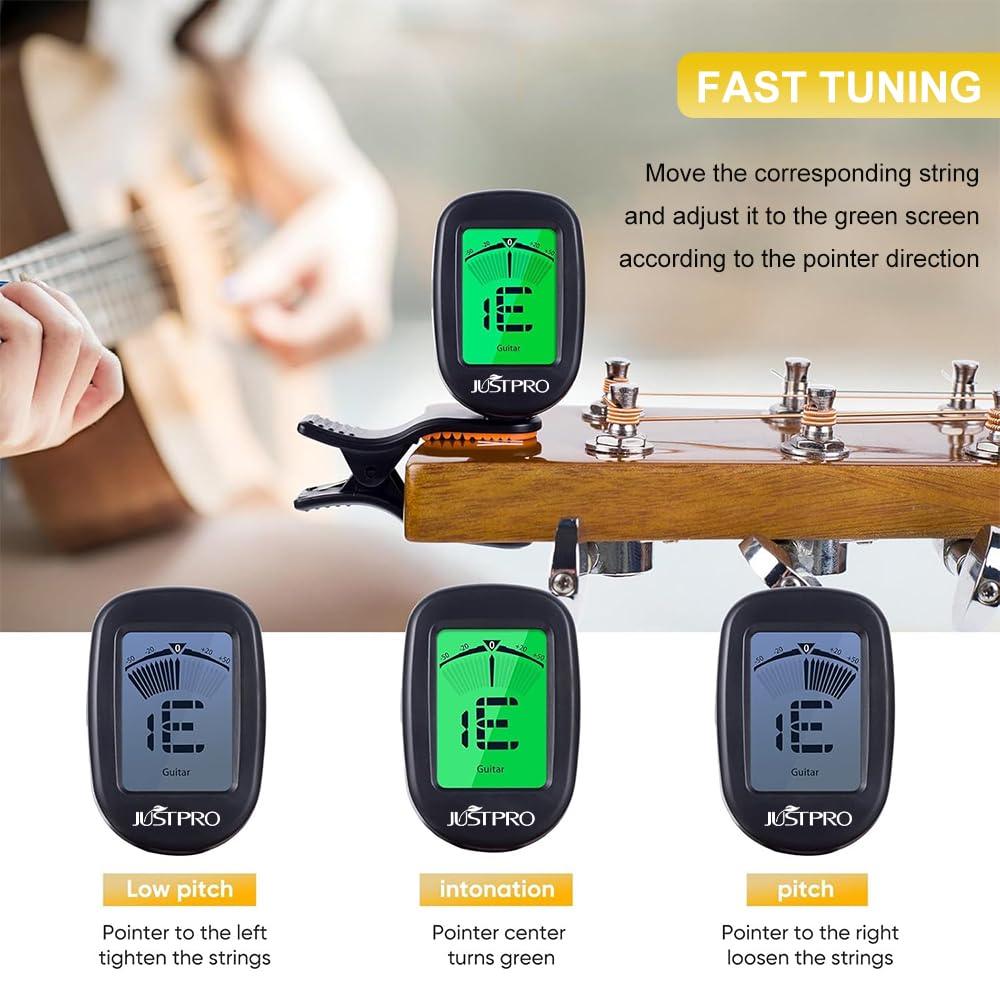 JUSTPRO Guitar Tuner Clip on with Chromatic Tuning Modes, Guitar Tuner for Acoustic/Electric Guitar, Ukulele, Violin, Bass, Banjo