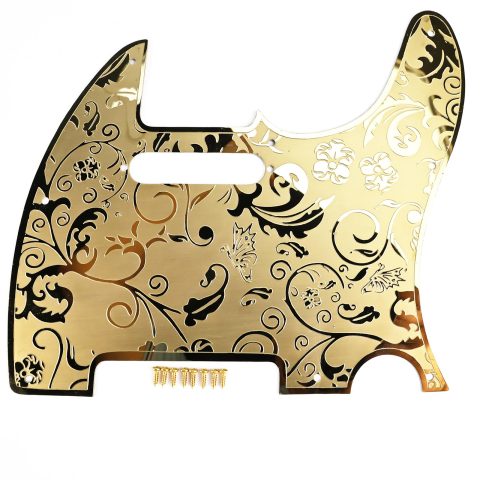 OVSAL Stainless Steel Pick Guard Scratch Plate 8 Holes SS Single-Coil Pickups Metal Engraving Electric Guitar Pickguard Compatible with USA/Mexican Telecaster Tele Modern Style Guitar Parts(Gold)