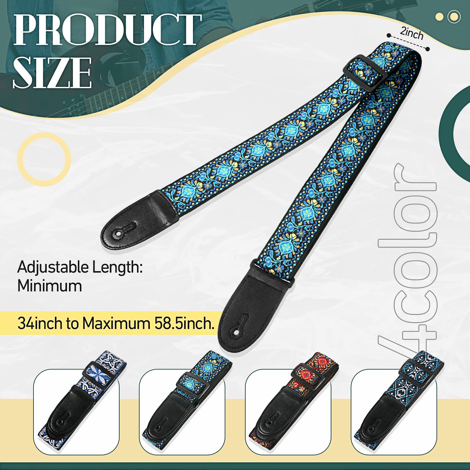 Fiada 4 Pcs Guitar Straps Electric Bass Acoustic Cotton Guitar Straps Adjustable for Musical Instrument Gift(Blue, Red,Flower Style)