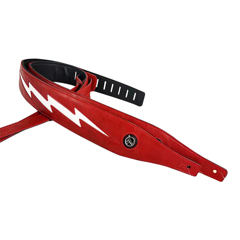 adiya Guitar Strap with Lightning Bolt for Electric Guitars/Bass, Leather Adjustable Length,Black/White/Red Available (Red body white lightning)