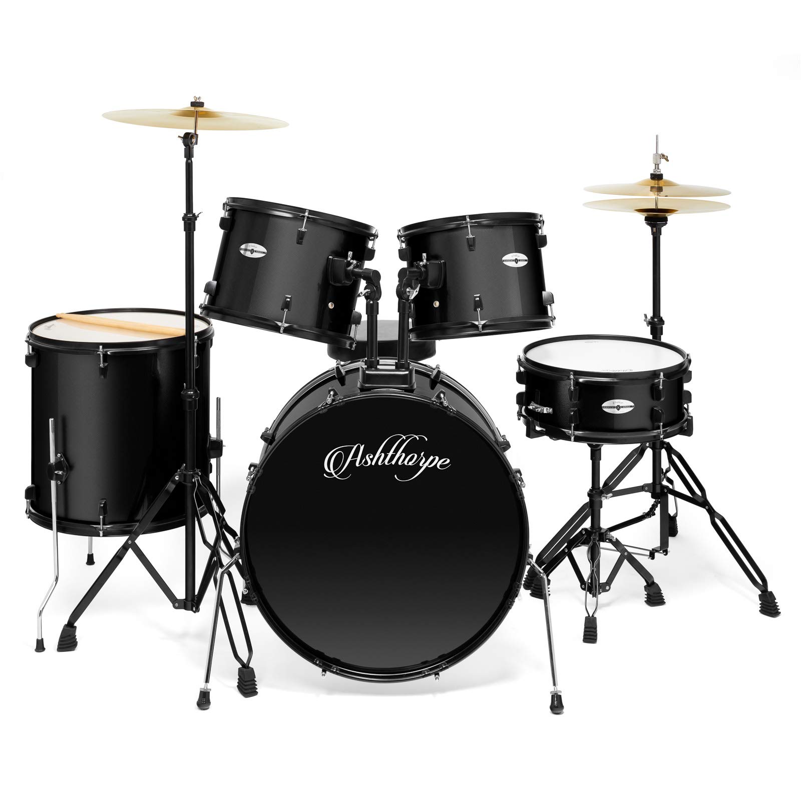 Ashthorpe 5-Piece Complete Full Size Adult Drum Set with Remo Batter Heads – Black