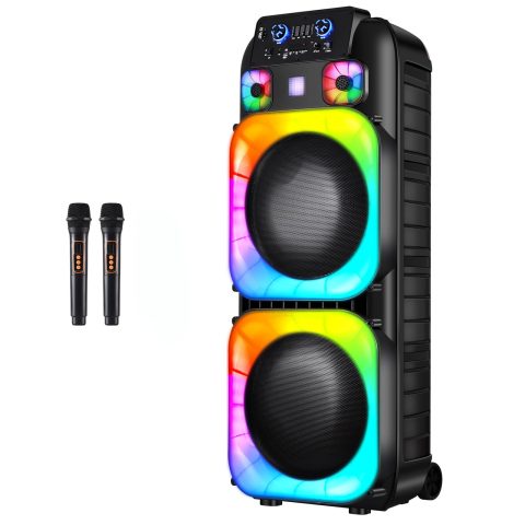 ROXAAN Dual 15″ Party Bluetooth Speaker with 7-Color LED Lights, FM Radio
