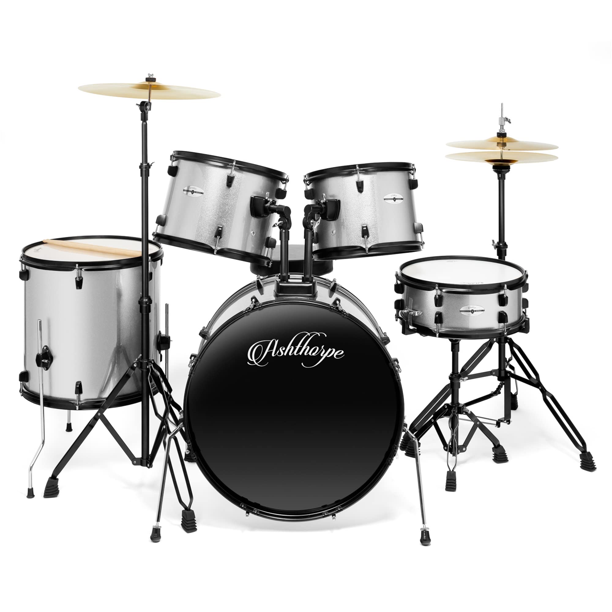 Ashthorpe 5-Piece Complete Full Size Adult Drum Set with Remo Batter Heads – Silver