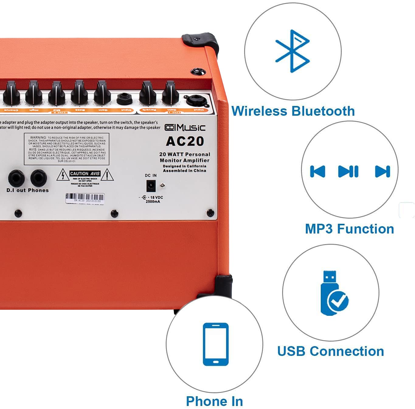 Acoustic Guitar Amplifier, 20 Watt Bluetooth Amp for Guitar Acoustic with Reverb Chorus Effect, 3 Band EQ(Including Microphone and Audio Cable)