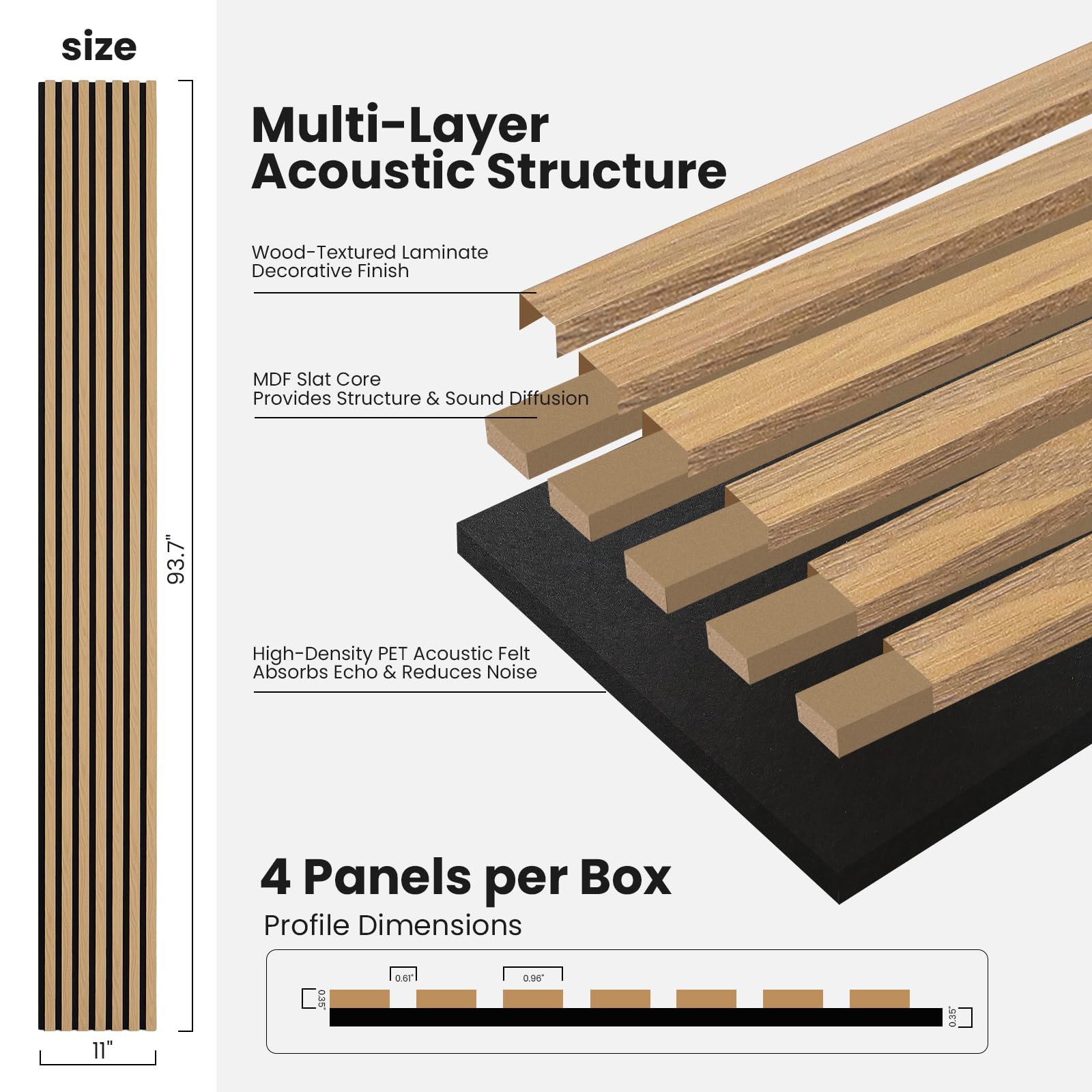 Wood Slat Wall Panels – 4 Pack 93.7″ × 11″ – Acoustic Panels Noise Reduction for Home Office Studio, 3D Fluted Sound Dampening Absorbing Panels, Oak
