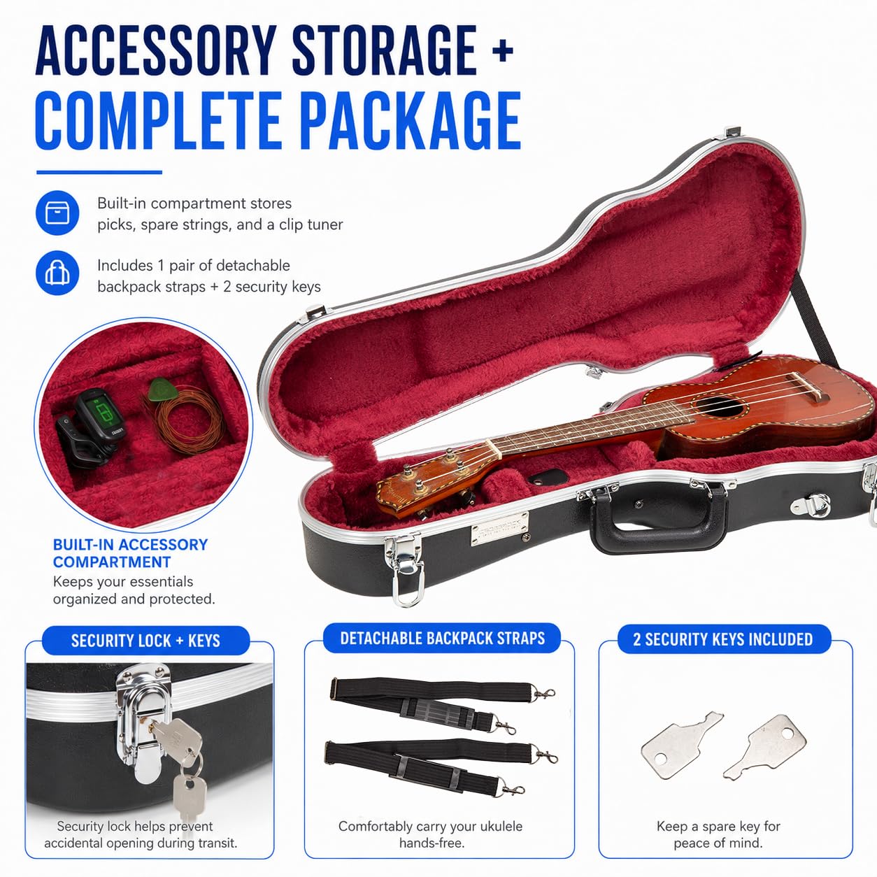Crossrock Soprano Ukulele Case, Fit for 21 inches | Molded Hardshell with Scratch-Resistant Matte Finish, Security Lock, Accessory Compartment & Shoulder Straps — Black (CRA880SUBK)