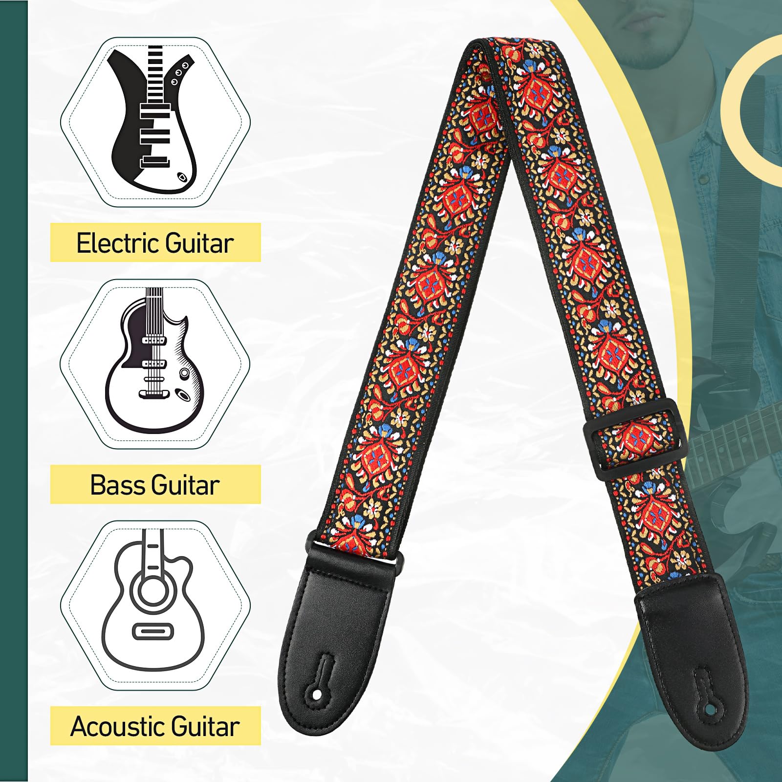 Fiada 4 Pcs Guitar Straps Electric Bass Acoustic Cotton Guitar Straps Adjustable for Musical Instrument Gift(Blue, Red,Flower Style)