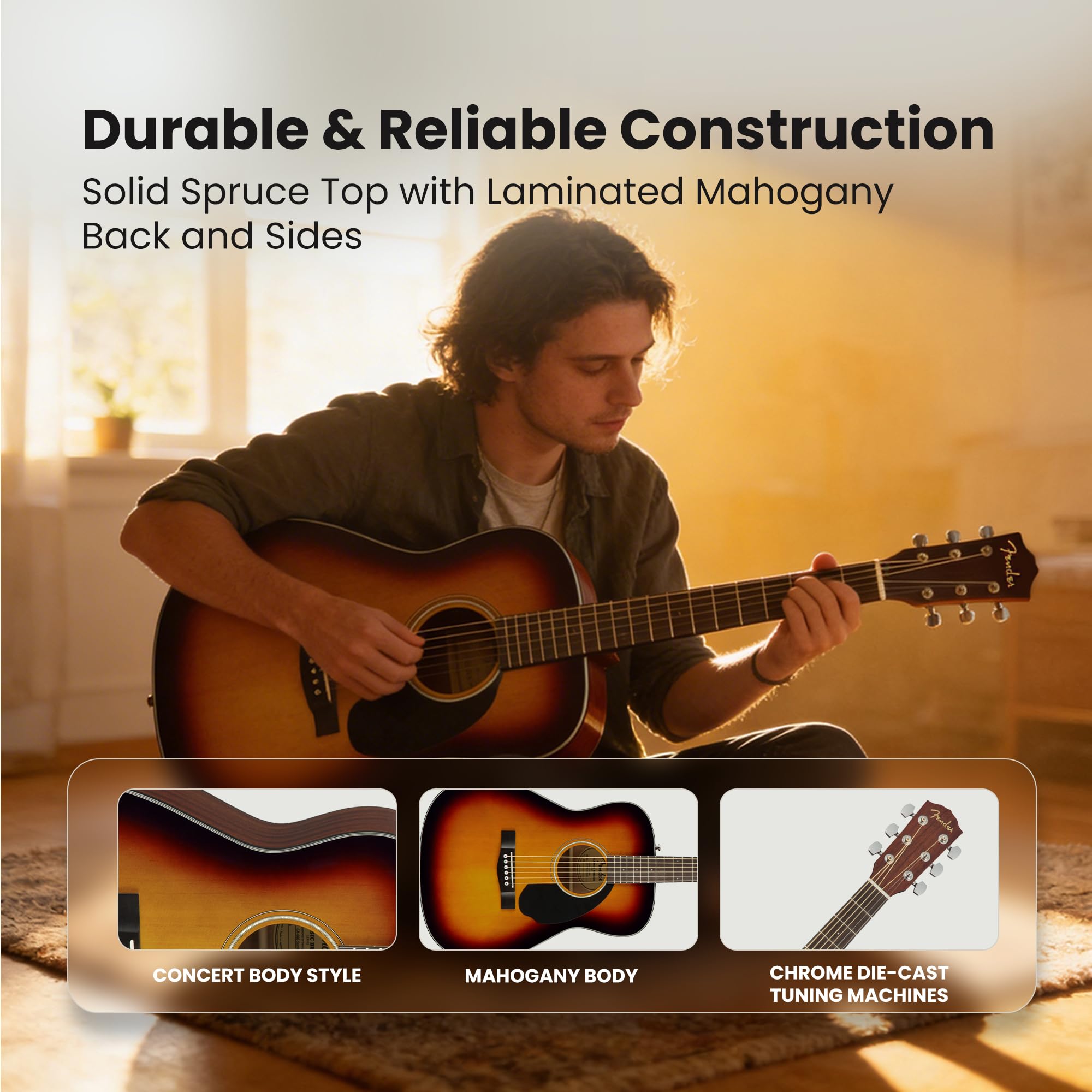 Fender CC-60S Solid Top Concert Acoustic Guitar – Sunburst Bundle with Gig Bag, Tuner, Strap, Strings, Picks, and Austin Bazaar Instructional DVD