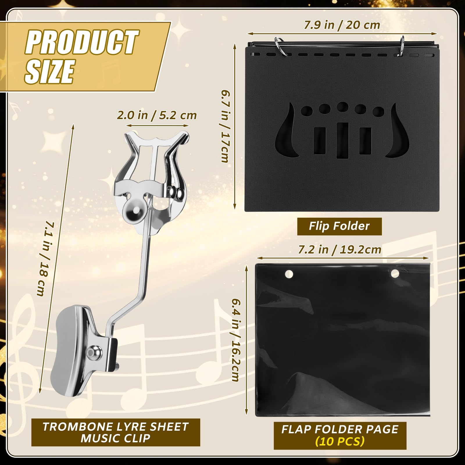 Otoolling 2 Pack Trombone Lyre Sheet Music Clip and Flip Folder with 10 windows and 2 holes Parade Band Sheet Music Stand 7.5 x 6 inches for Parades Practice and Performances