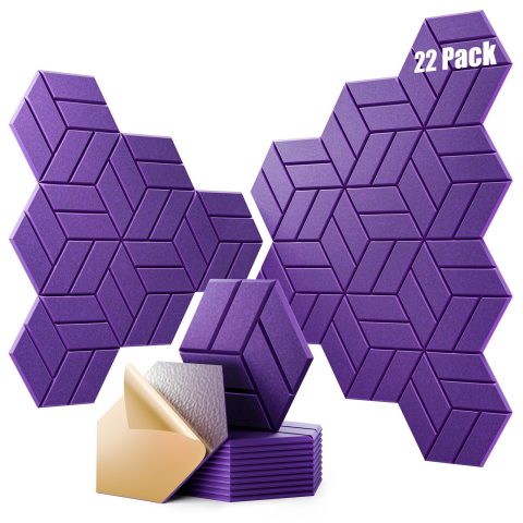 OTUOER 22Pcs Acoustic Panels with Self-adhesive, 12″X 10″X 0.4″ Sound Proof Foam Panels for Walls, Hexagonal Soundproof Wall Panels High Density, Sound Panels for Home Studio Office (Violet)