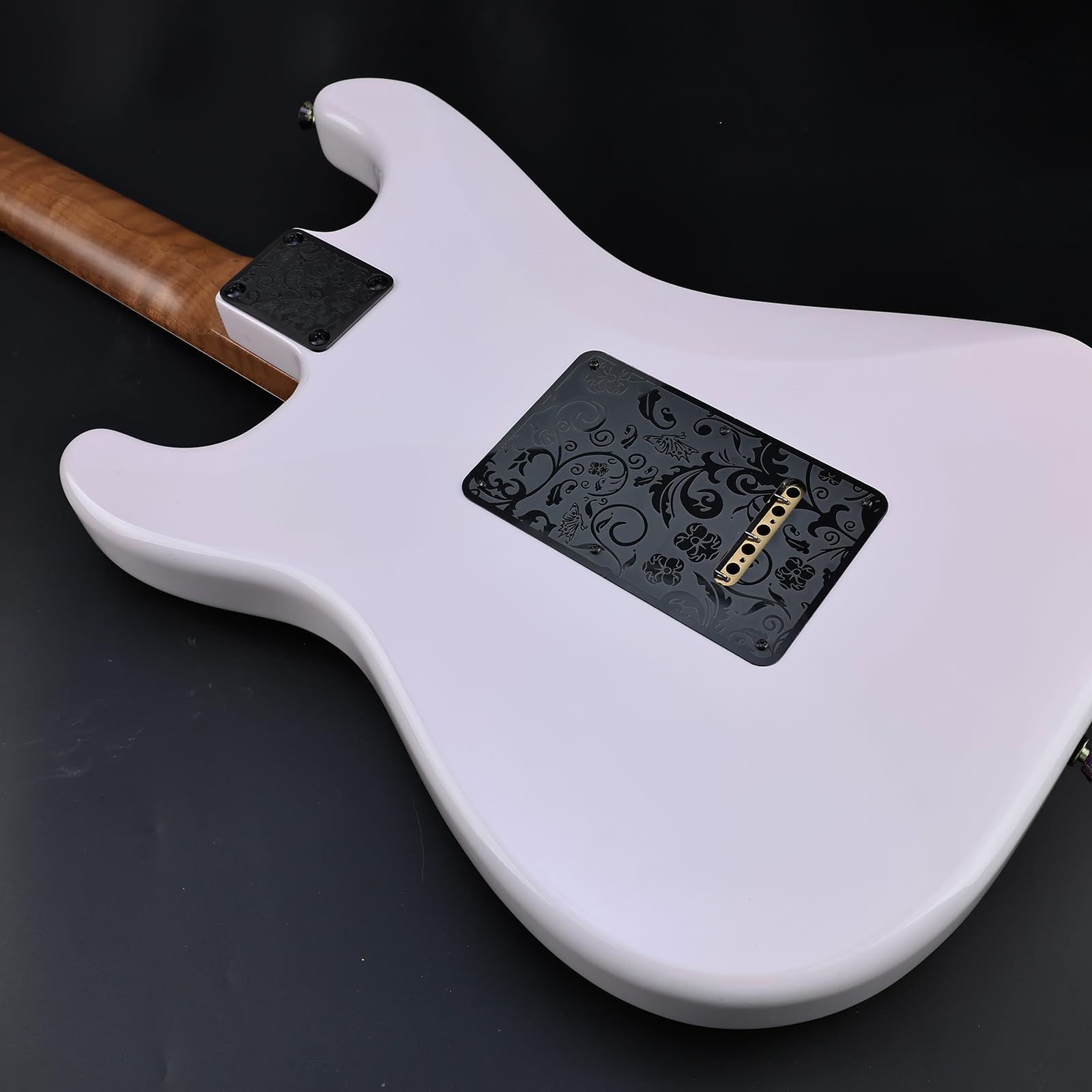 OVSAL Stainless Steel Guitar Back Plate 6 holes Engraved Metal Trem Tremolo Cover Electric Guitar Back Cover Plate Compatible with USA/Mexican Standard FD Strat ST Replacement Parts (Black)