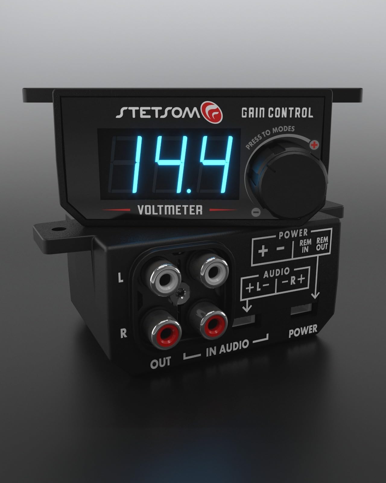 Stetsom 4in1 – Universal Bass Knob with Voltmeter, Gain Control + On/Off Switch + High to RCA Input Converter, Blue LED Display, One Touch On/Off Display, Continuous Touch On/Off Amplifier
