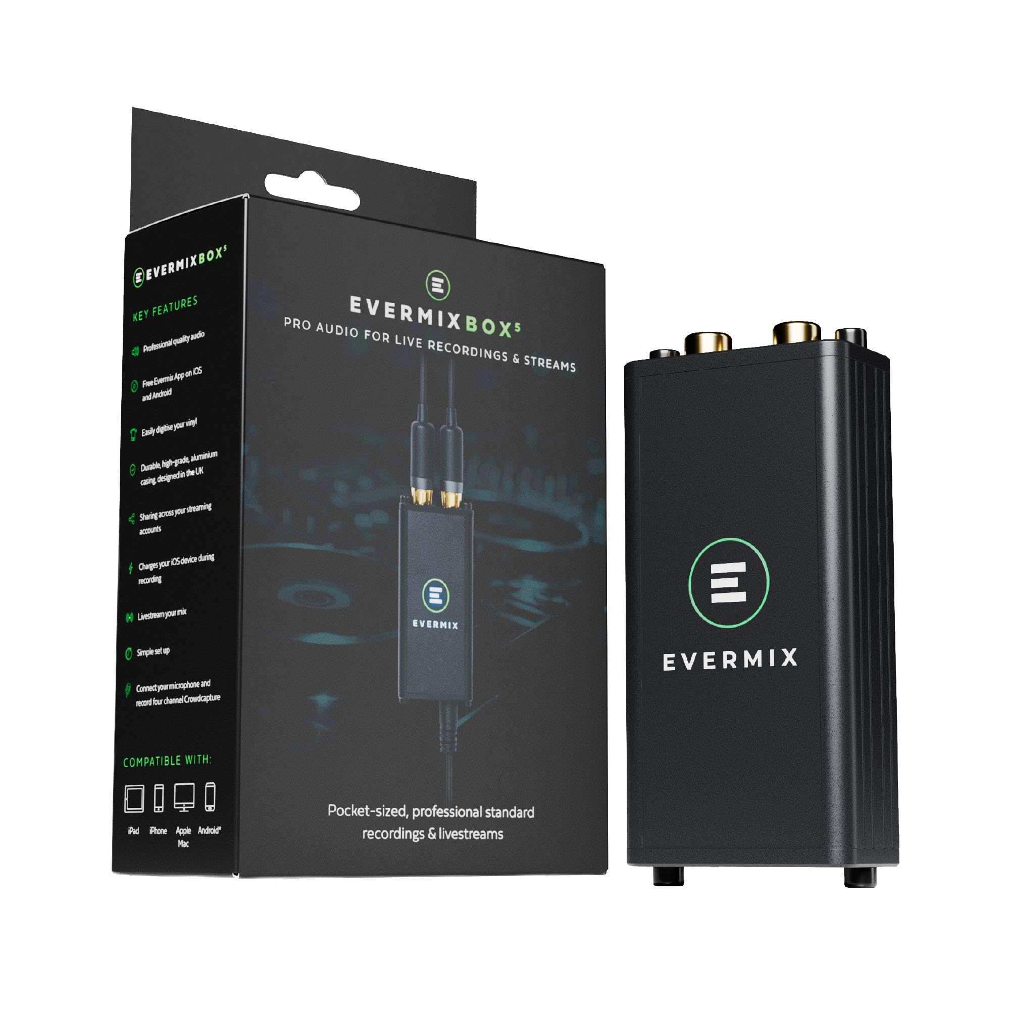 Evermix Box 5 DJ Audio Interface – Record and Livestream DJ Sets in High Quality, iOS and Android Compatible, Black