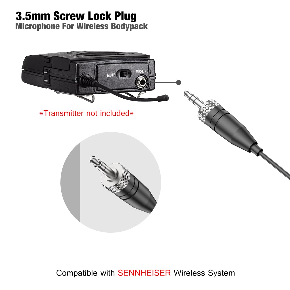 Professional Unidirectional Super Cardioid Lavalier Lapel Microphone – Compatible with Sennheiser Wireless Bodypack System (3.5mm Female Screw Plug)