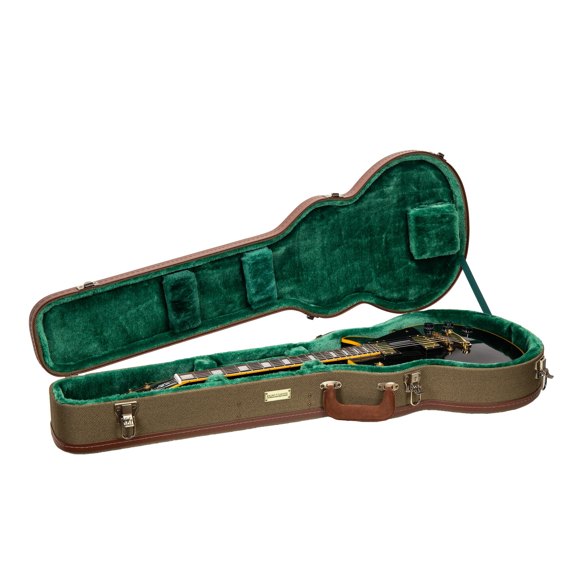 Crossrock Master Series Les Paul Electric Guitar Case | Olive Green Tweed Exterior, Re-Engineered Wooden Shell, Leather Handle & Forest Green Velvet Interio(CRW720LOG)