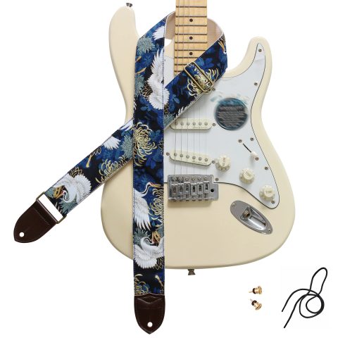 MUSIC FIRST Original Design, 2 inch width (5cm), Vintage Ukiyoe Style Chrysanthemum & Crane in Blue Electric Guitar Strap Bass Strap (Chrysanthemum & Crane in Blue)
