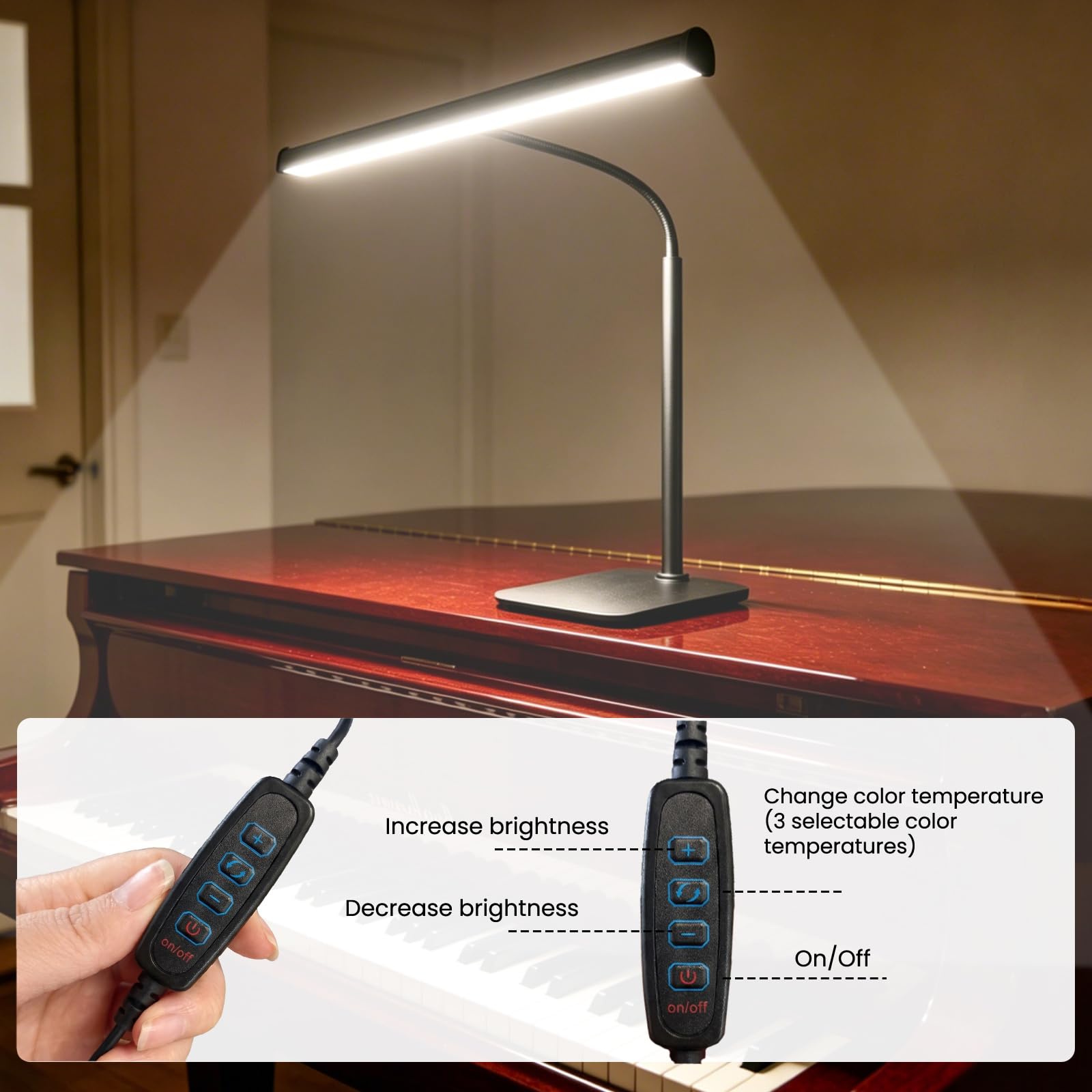 TobeBright Piano Light with Square Base, Piano Lamp with 3 Color Modes and 10 Dimmable Brightness Levels, Adjustable Gooseneck Music Stand Light with USB, for Grand/Upright Pianos, Sheet Music