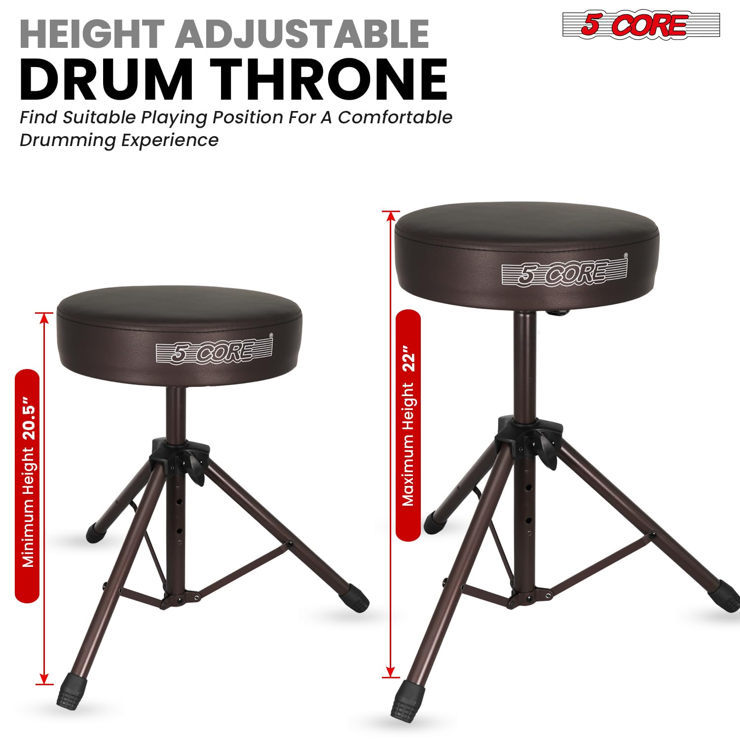 5 CORE Drum Throne Thick 3 Inch Padded Drum Seat Height Adjustable Drumming Stools with Anti-Slip Feet Musician Chair for Adults and Kids Drummers Brown – DS 01 BR