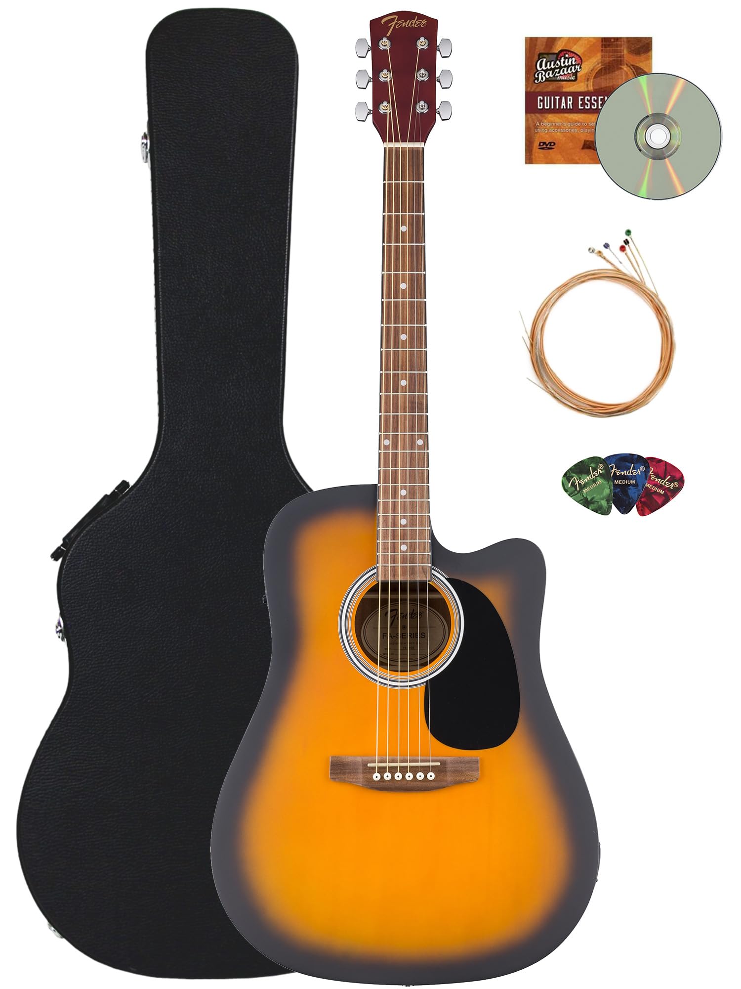 Fender FA Series Dreadnought Acoustic-Electric Guitar – 2-Color Sunburst Bundle with Case, Strings, Picks, and Austin Bazaar Instructional DVD