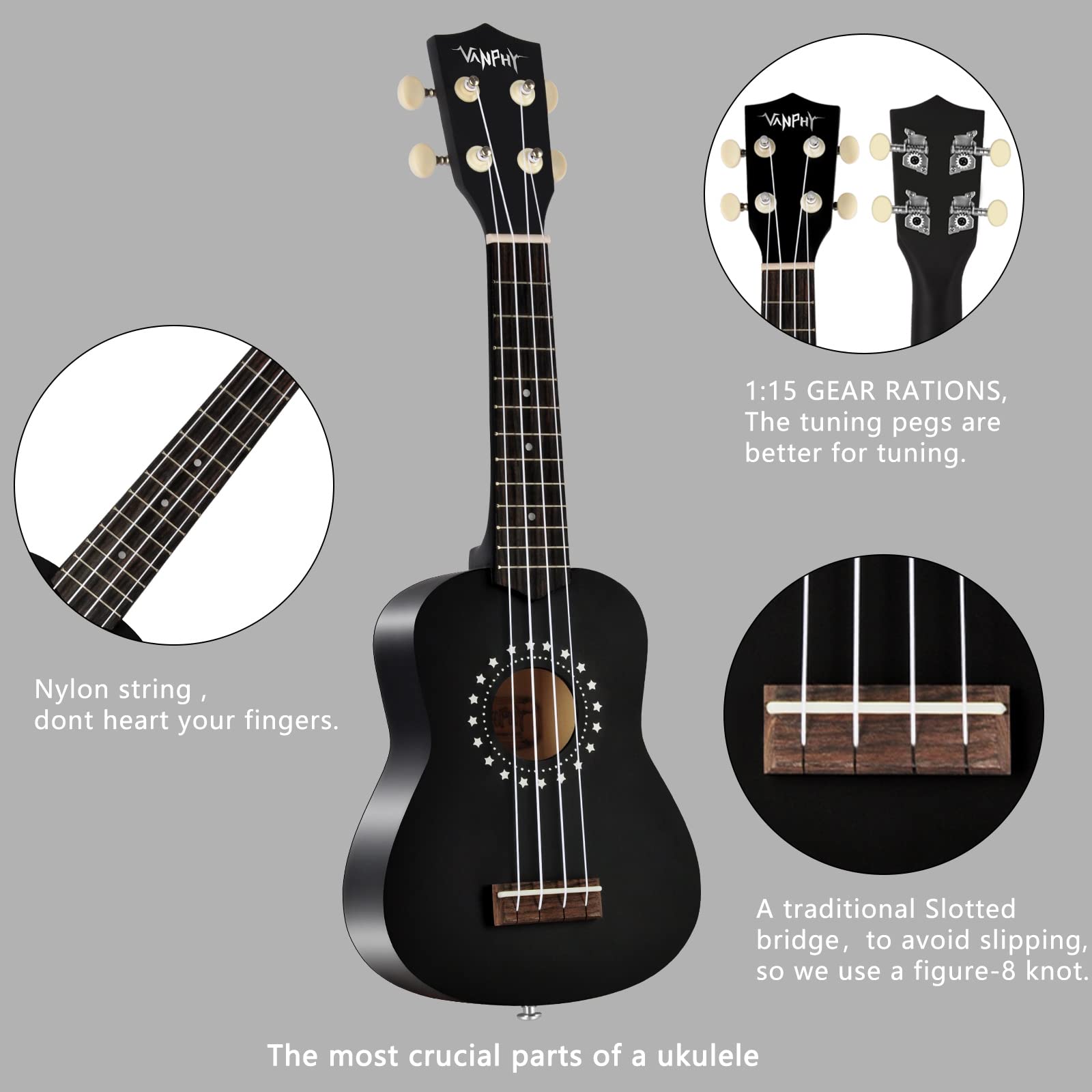 VANPHY Soprano ukulele for beginner with Gig Bag 21 Inch uke for Starter Hawaiian Soprano Ukalalee Polishing adults Basswood 21 Inch uke with Strap Picks Songbook Cleaning Cloth (Light Blue)