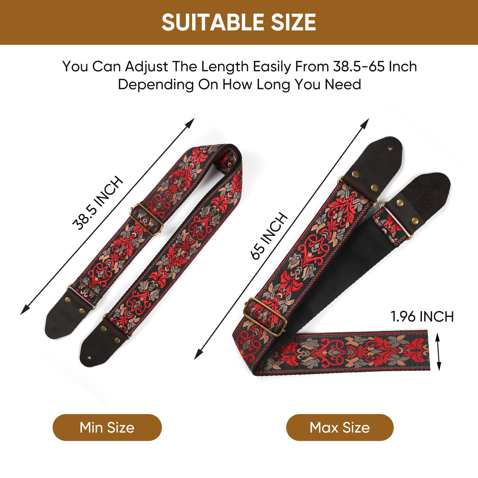 Guitar Strap,Jacquard Cotton Guitar Straps with Real Leather Ends for Acoustic,Electric Guitars and Bass,with Free 1 Head Strap, 2 Anti Slip Buckle and 3 Guitar Picks (GS-75-1 Deep Red Jacquard)