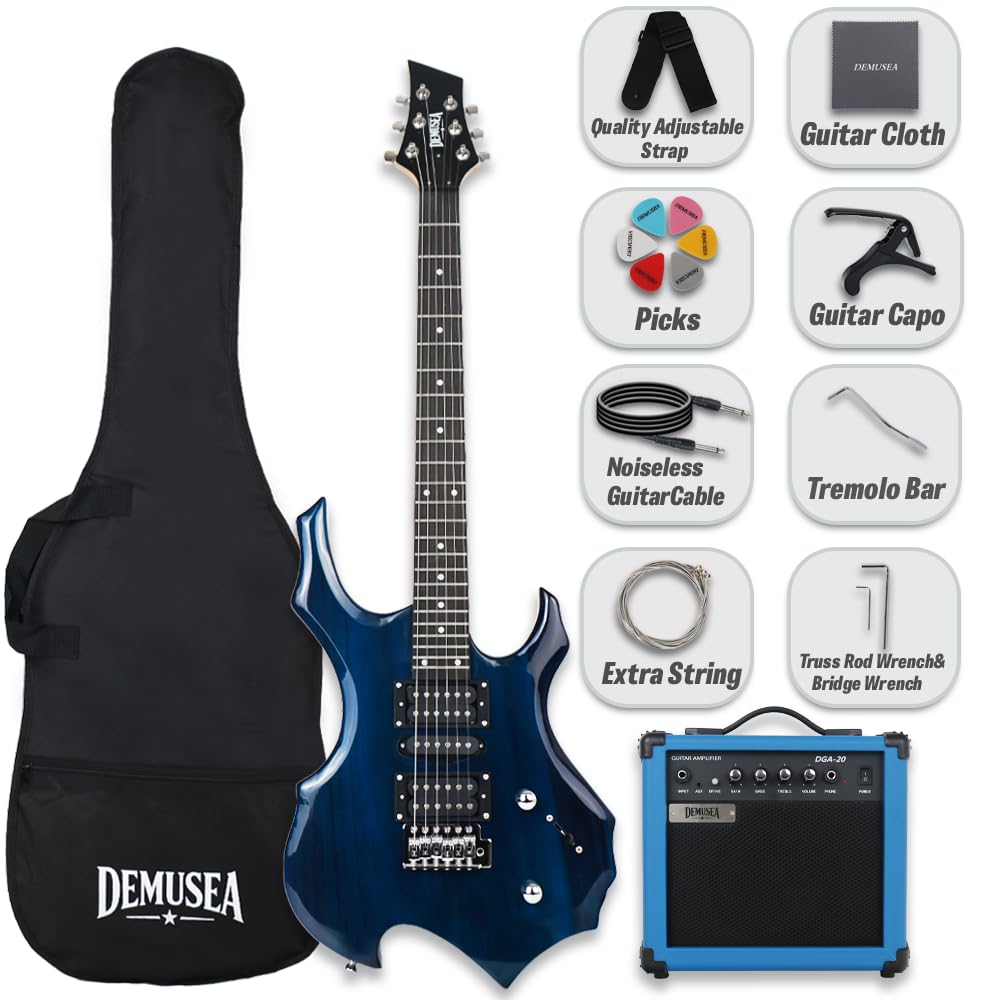 Demusea Full Size 39 Inch Electric Guitar Kit With Standard 20W Amplifier Bundle Solid Body Maple Neck Trans Blue Color 25.5 Scale length HSH Pickup Single Tremolo 24Fret All-in-One Starter Kit Choice