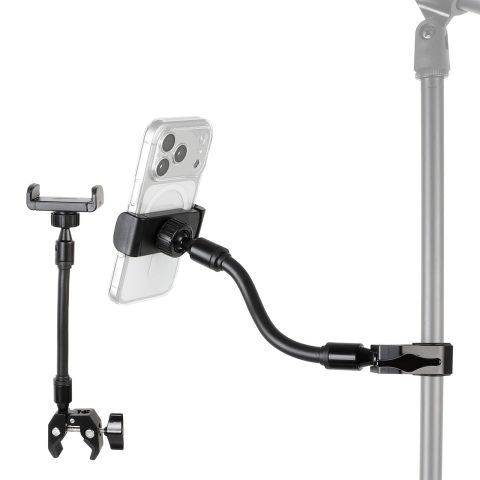 ZUZUXI Mic Stand Phone Holder – Aluminum Alloy Clamp, Adjustable Flexible Phone Holder for Microphone Stand, Compatible with Samsung Galaxy iPhone 4.7-7″ Smartphones