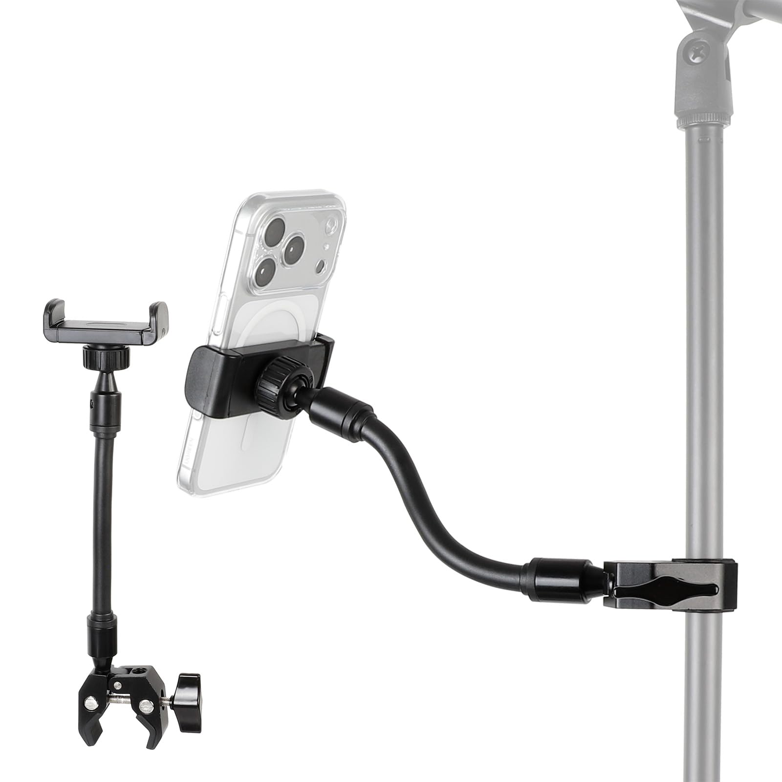 ZUZUXI Mic Stand Phone Holder – Aluminum Alloy Clamp, Adjustable Flexible Phone Holder for Microphone Stand, Compatible with Samsung Galaxy iPhone 4.7-7″ Smartphones