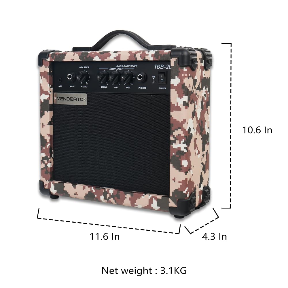 Electric Bass Guitar Amplifier Pixel Camo 20W Amp Peach Pink Color Aux Input Treble Middle Bass Headphone Power 6.5Inch Speaker Portable Size for Starter Beginner Practice Home and Outside