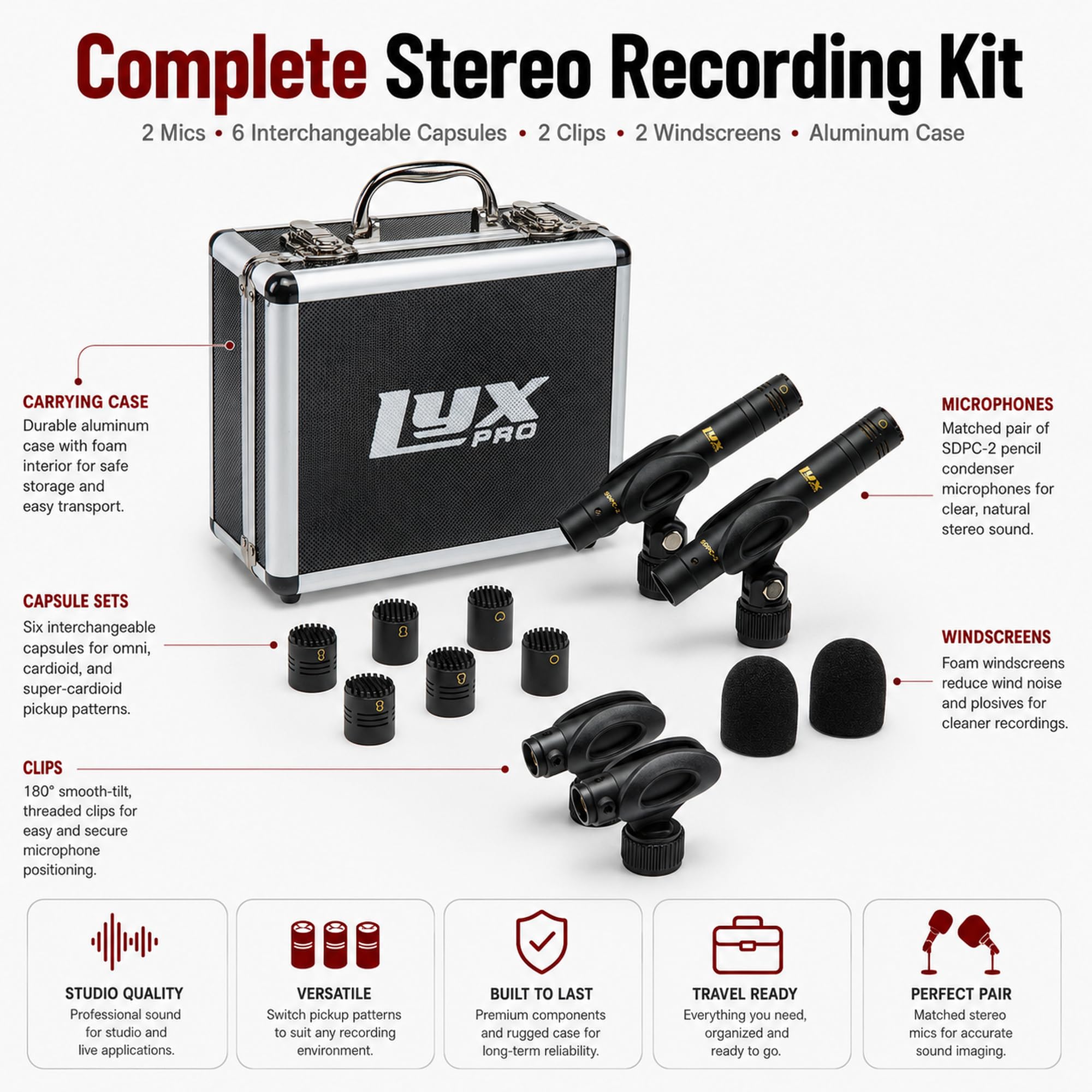LyxPro SDPC-2 Stereo Pair XLR Pencil Condenser Microphones, 3 Capsules