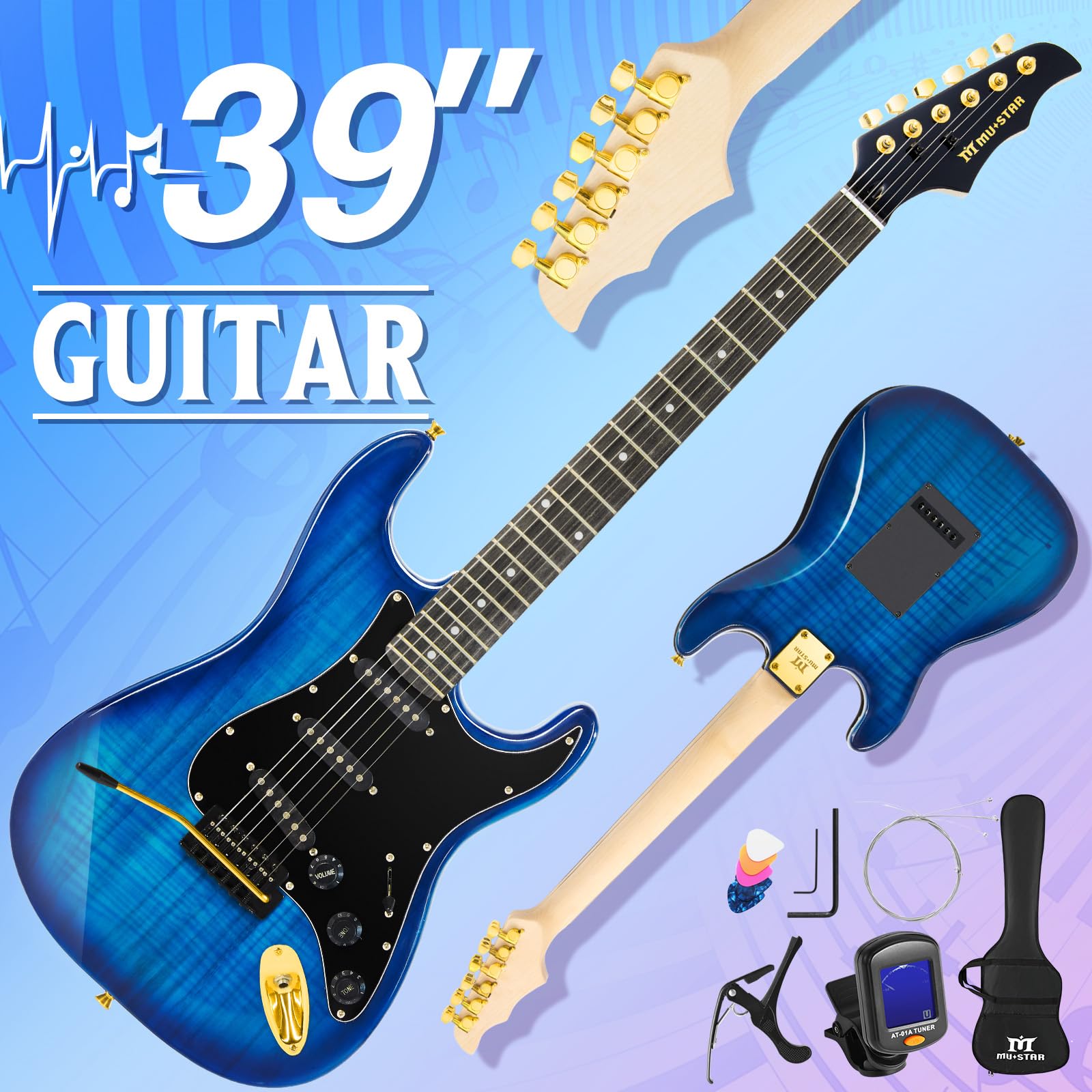 MUSTAR Electric Guitar Kit, 39 Inch Full Size Solid Wood Electric Guitar Beginner Kits with 25W Amplifier, Gig Bag, Digital Tuner, Capo, Strap, Cable and Picks, Blue