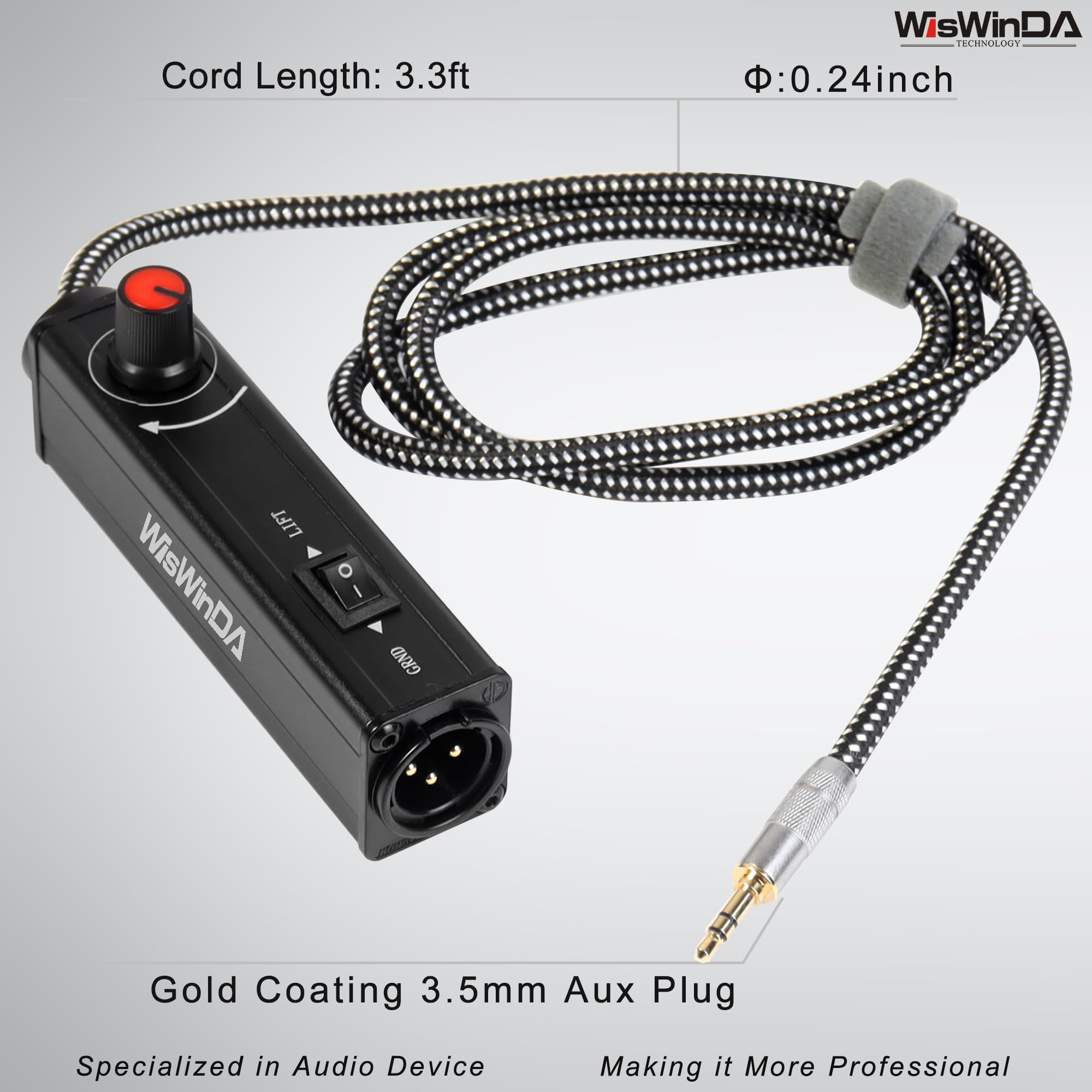 WisWinDa Upgrade Pro101A HiFi Stereo AUX to XLR Isolation Box with Volume Controller Ground Lift Switch Build-in 3.5mm Aux Cord 3.3ft Gold Coating Plug with Extra XLR Y Cord