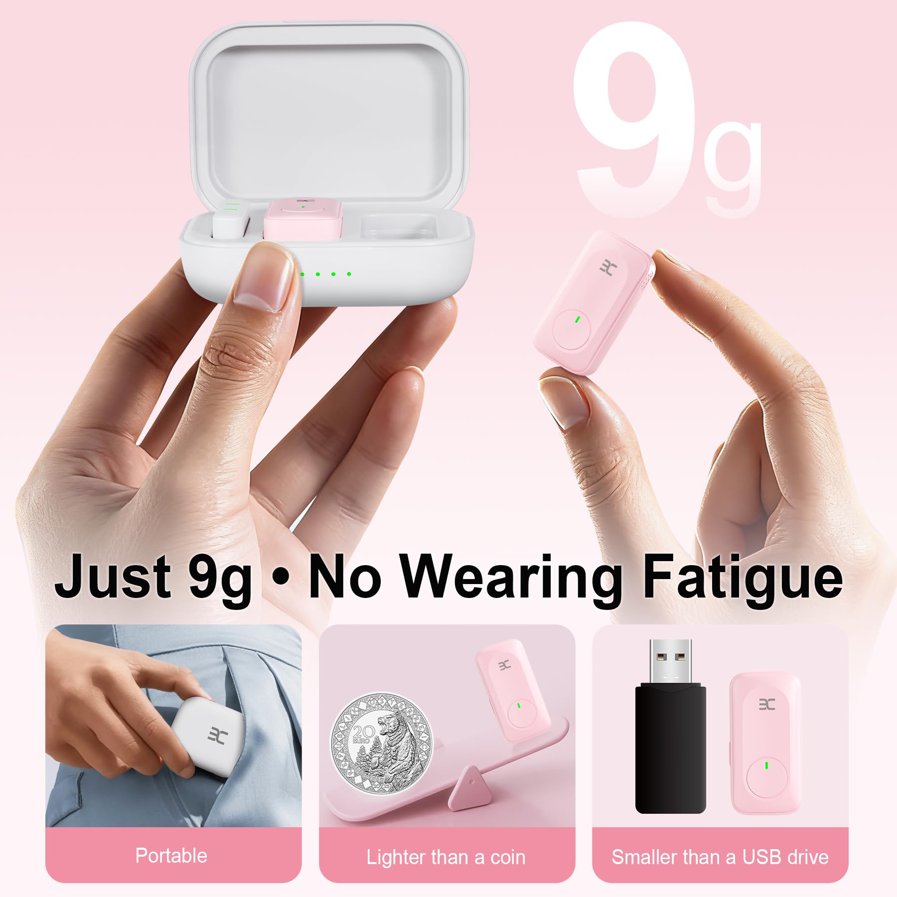 EX Wireless Lavalier Microphone System, Dual Clip-On Mics + Charging Case, 164ft Range Plug-and-Play for iPhone/Android, Advanced Noise Reduction, 48H Runtime-Video Recording, TikTok, YouTube, Pink