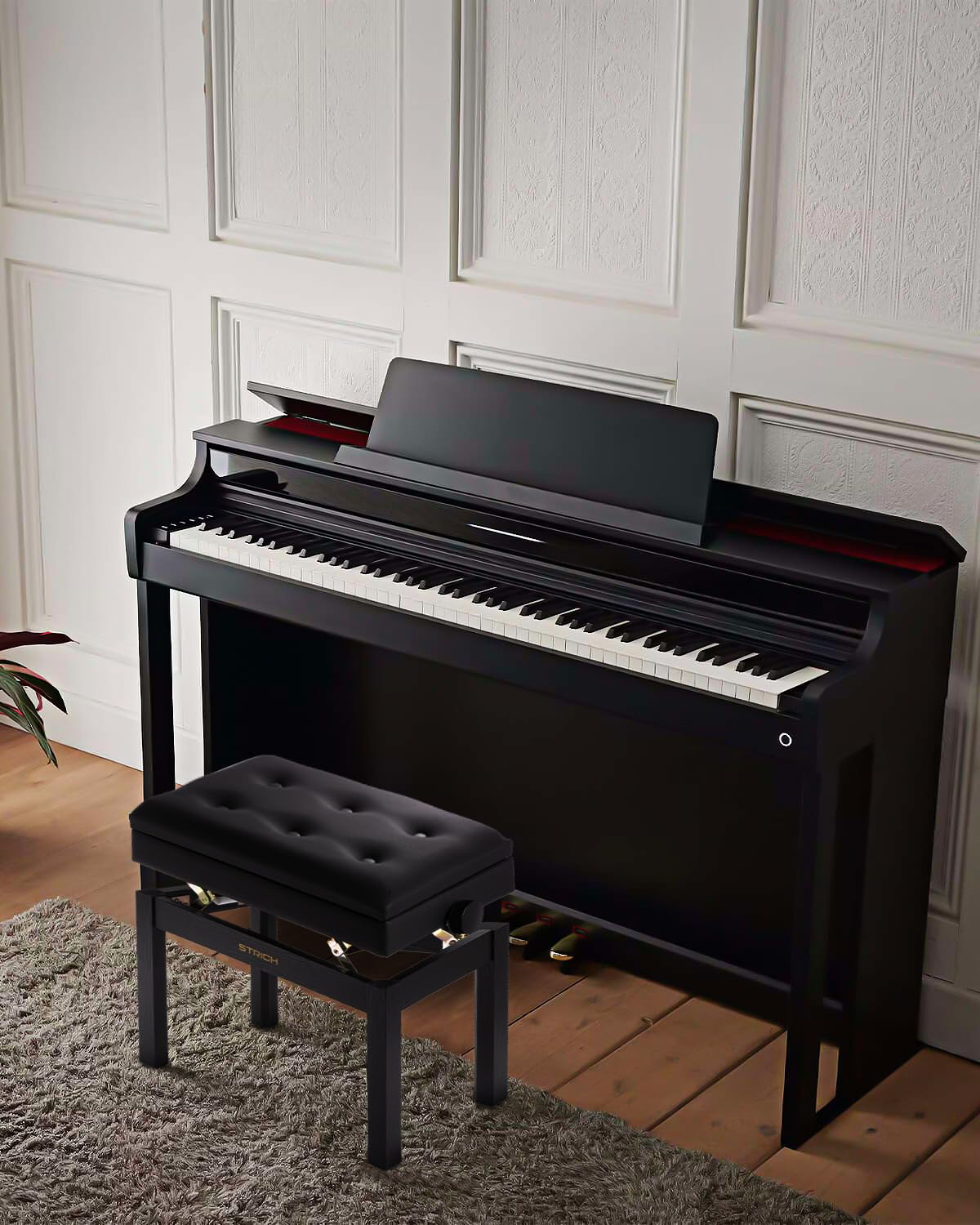 STRICH Adjustable Piano Bench with Storage, Wooden Keyboard Bench with Bookcase Stool Chair Seat with High-Density Sponges Cushion for Piano Shop Music School Studio, Black, SPB-20