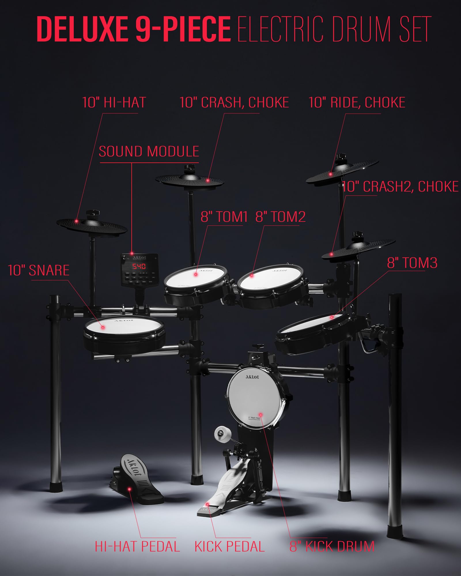 AKLOT Electric Drum Set with Kick-Tower: 4 Dual Zone Mesh Pads, 8’’ Tower-Style Kick Drum, 10’’ Snare, Dual Zone 10’’ Cymbals with Choke, 360 Sounds, User Kit, USB-MIDI, Throne, B-CORE 540 Air, Silver