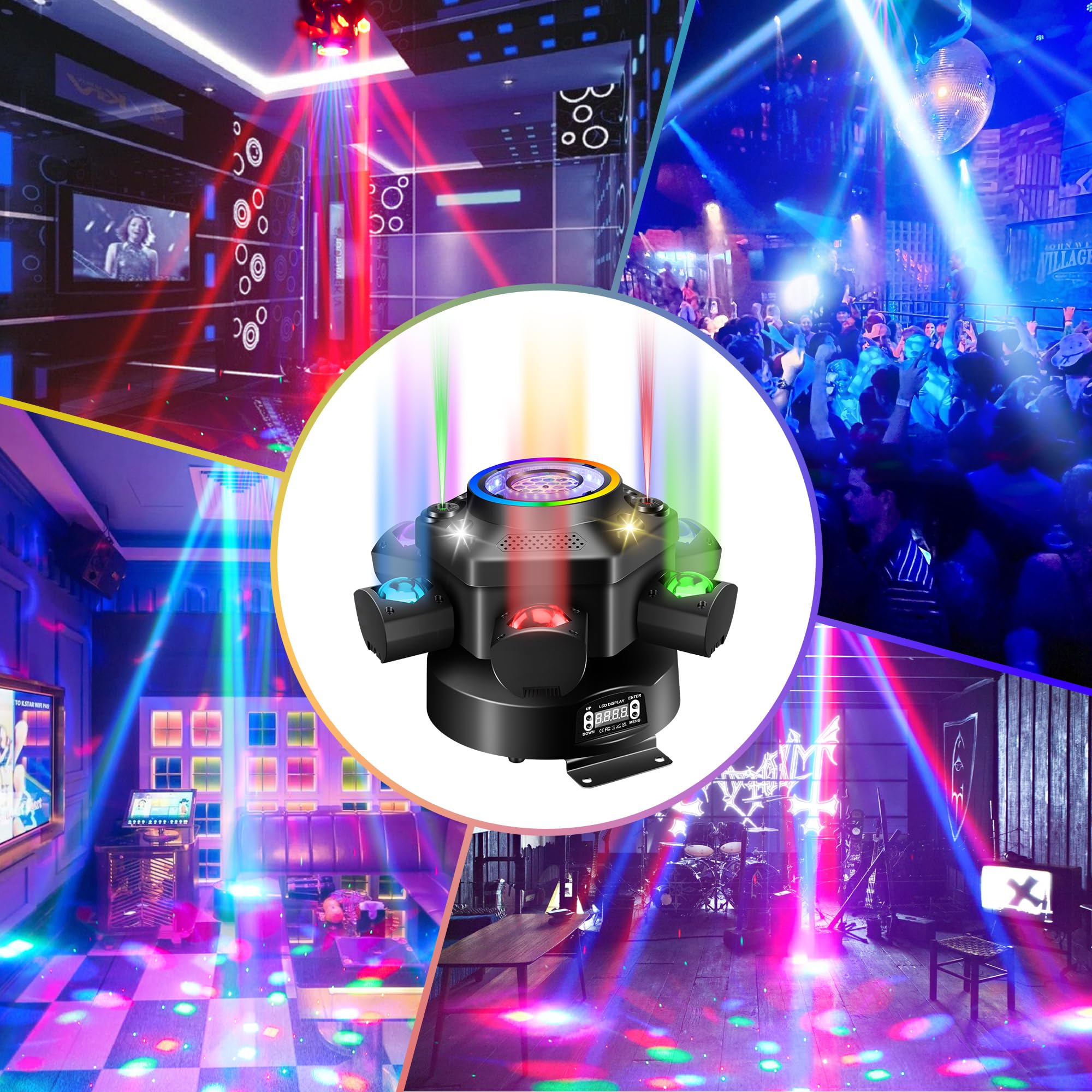 Sklydron Moving Head DJ Lights with Abyss Tunnel Beam Effect,540°X & 180°Y Multi-head rotating beam,6-Arm Stage Lights with Ring Light Supports Starlight,Sound Activated for Disco Club Wedding Party