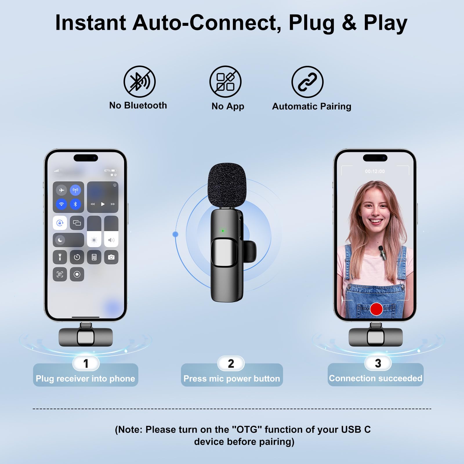 PoP voice USB C Mini Wireless Lavalier Microphone for iPhone/Android, Lapel Mic with Noise Reduction, Lav Mic for Video Recording, Tiny Microphone Content Creator Interview for Tiktok, YouTube, Vlog