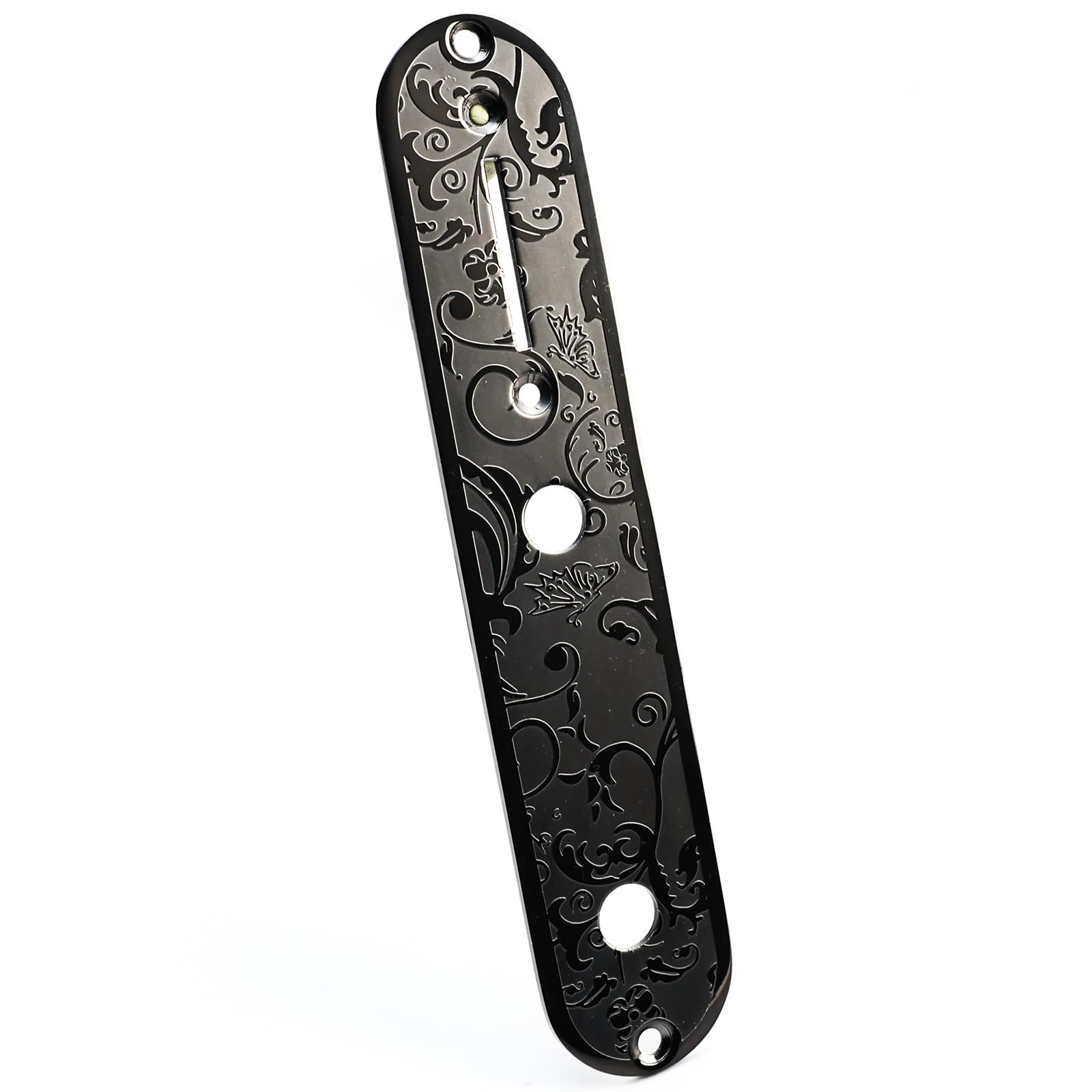 OVSAL Stainless Steel Engraved Telecaster Control Plate 2-Hole Mount 9.5mm (3/8″) CNC Electric Guitar Control Plate Compatible with Most Fender Tele Style Guitar Replacement Parts(Black)