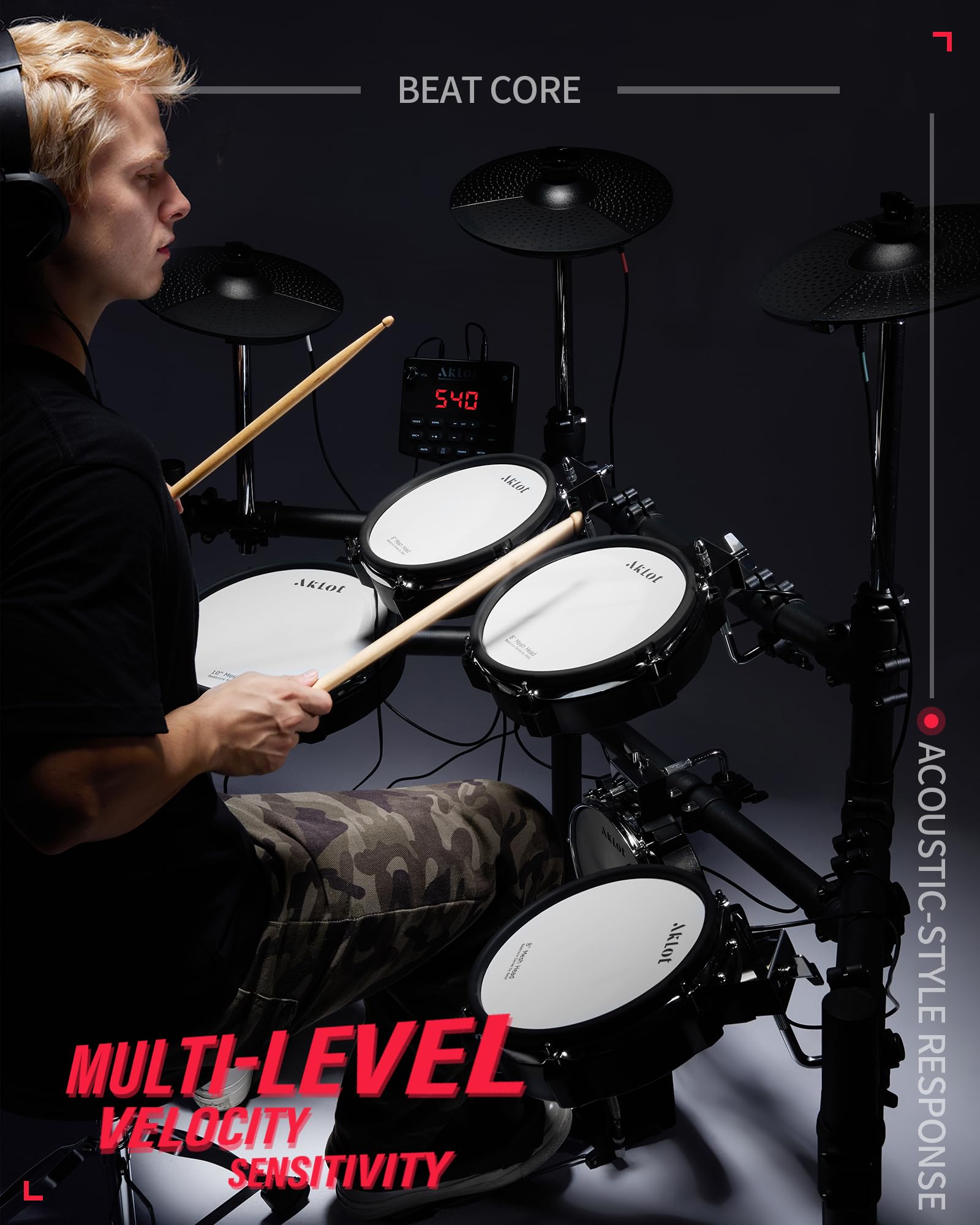 AKLOT Electric Drum Set with Kick-Tower: 4 Dual Zone Mesh Pads, 8’’ Tower-Style Kick Drum, 10’’ Snare, Dual Zone 10’’ Cymbals with Choke, 360 Sounds, User Kit, USB-MIDI, Throne, B-CORE 540 Air, Black