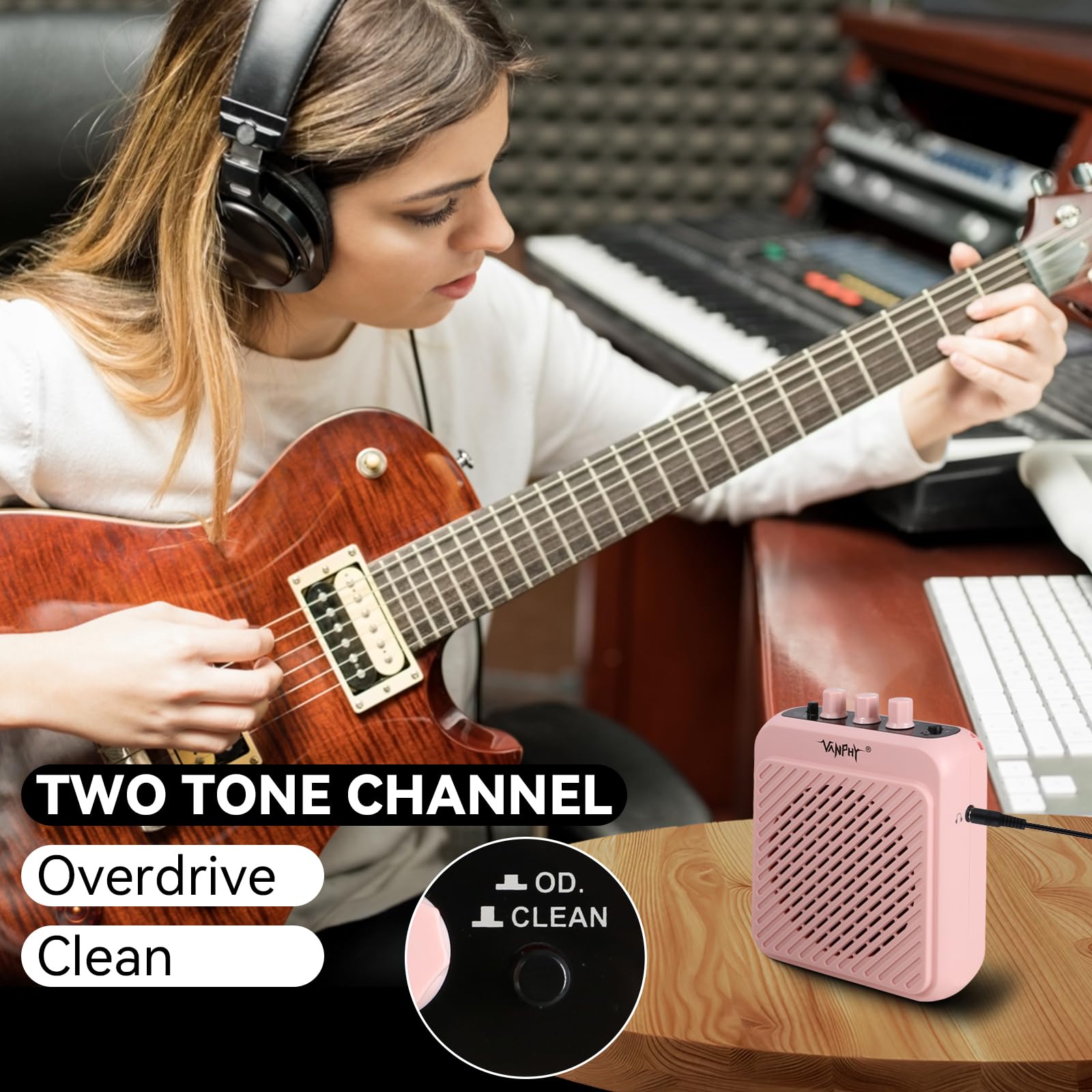 VANPHY Mini Electric Guitar Amplifier 3W Rechargeable Bluetooth Guitar Amp with Clean Overdrive Channel 5H Working Portable Small Amp for Indoor Practice and Traveling AG-03N Pink