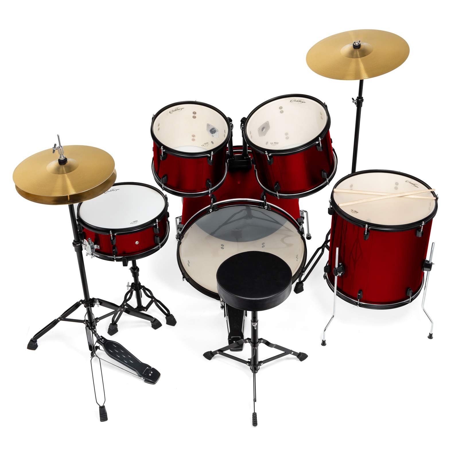 Ashthorpe 5-Piece Complete Full Size Adult Drum Set with Remo Batter Heads – Red