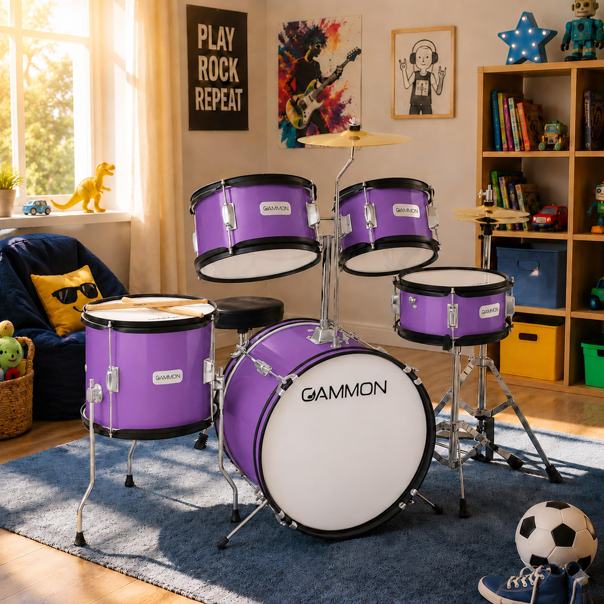 Gammon Percussion 5-Piece Kids Drum Set, Complete Junior Drum Kit with Cymbals, Hardware, Sticks, & Throne – Purple