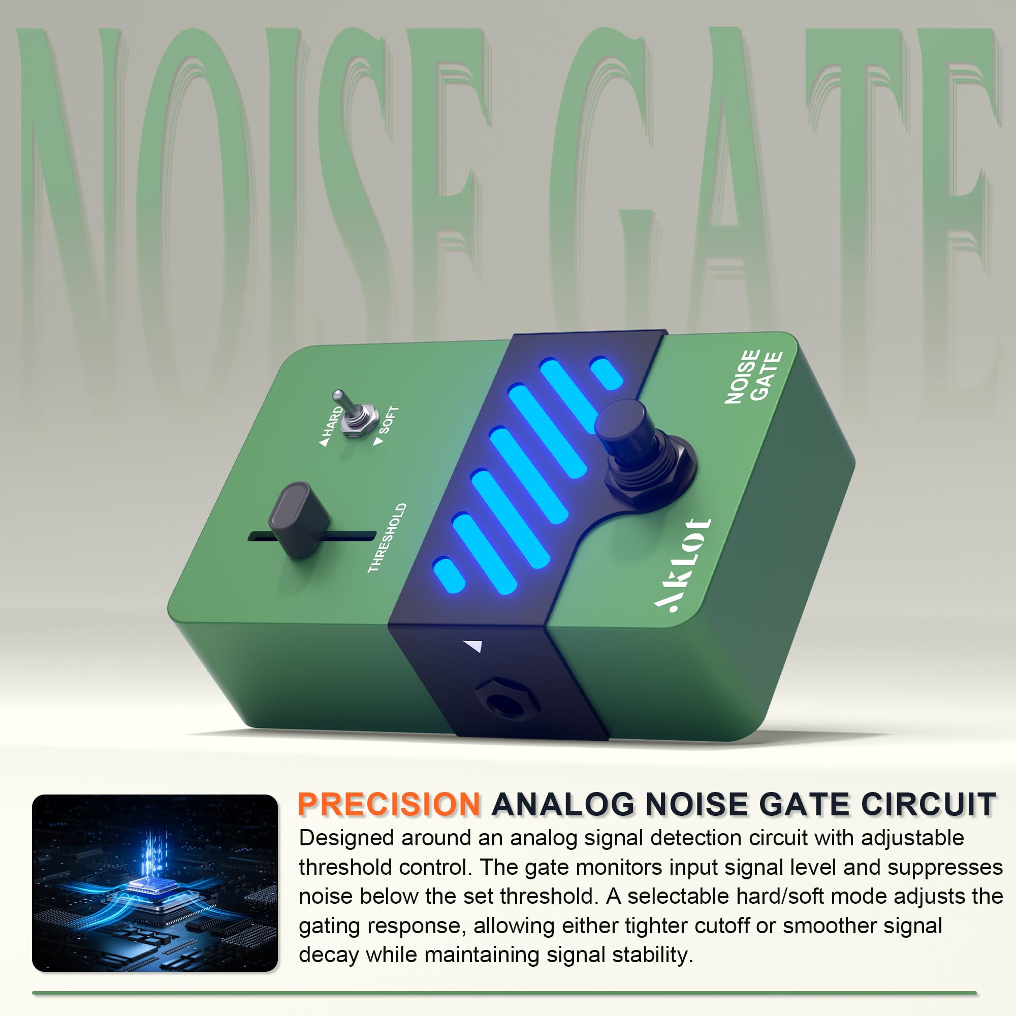AKLOT Noise Gate Guitar Pedal: Noise Reduction Pedal with THRESHOLD Control, HARD/SOFT Modes, True Bypass Compact Metal Pedal for Electric Guitar, Riffs, Studio & Live Performance, NEON Silencer