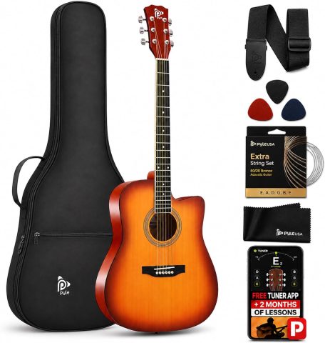Pyle Steel String Acoustic Guitar Kit, 4/4 Full Size Cutaway All-Wood Guitarra Acustica with Premium Accessory Set and Upgraded Gig Bag, 41″ Cherry Burst, Glossy