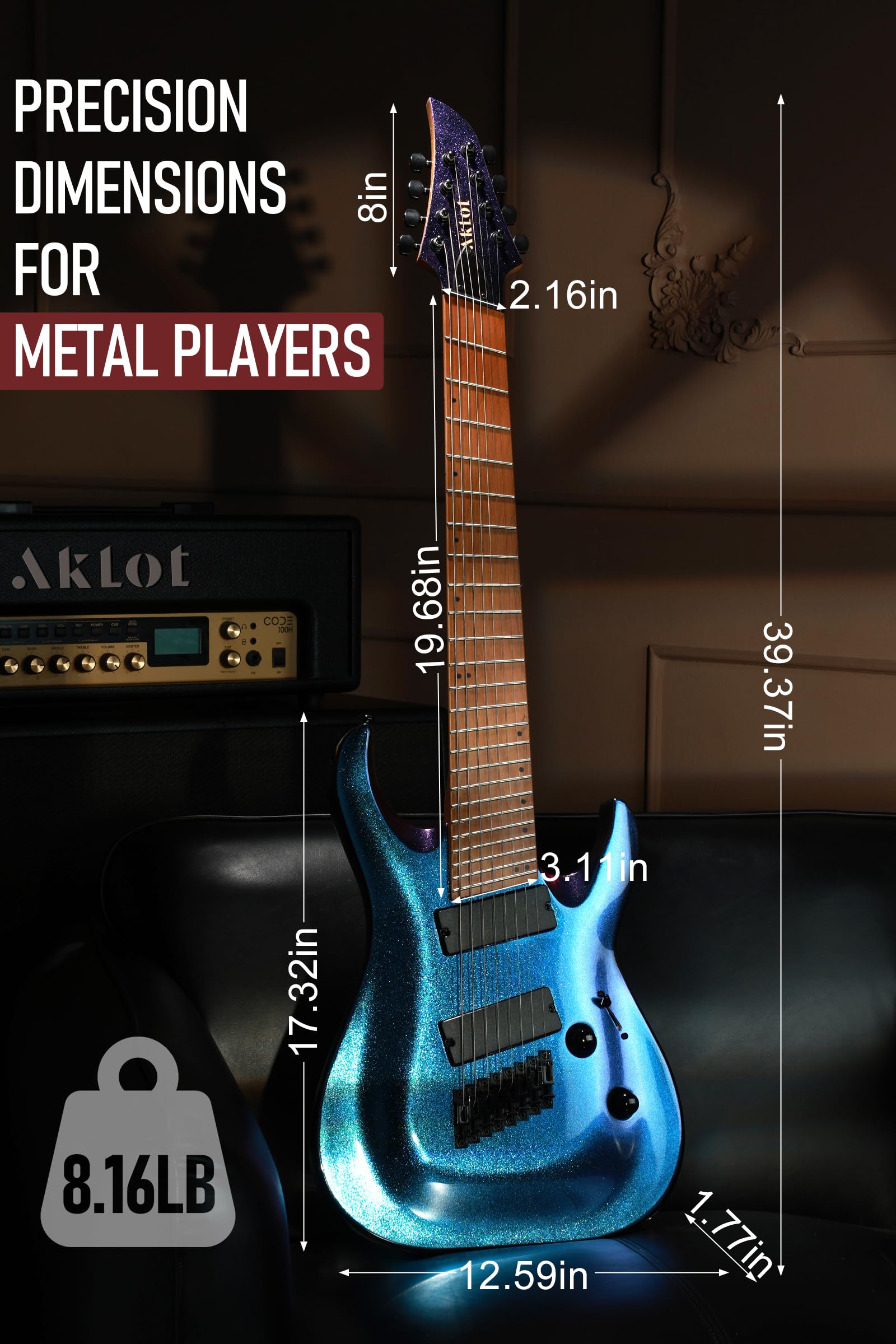 AKLOT Multi-Scale 7-String Electric Guitar: Roasted Maple Neck with String-Through Bridge Electric Guitars Kit with Okoume Body, HH Pickup, Gig Bag, Strap, Distortion Pedal, XRN-7 Yellow