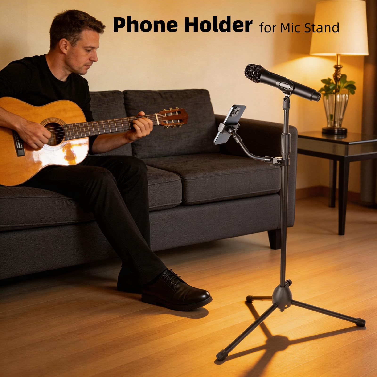 ZUZUXI Mic Stand Phone Holder – Aluminum Alloy Clamp, Adjustable Flexible Phone Holder for Microphone Stand, Compatible with Samsung Galaxy iPhone 4.7-7″ Smartphones