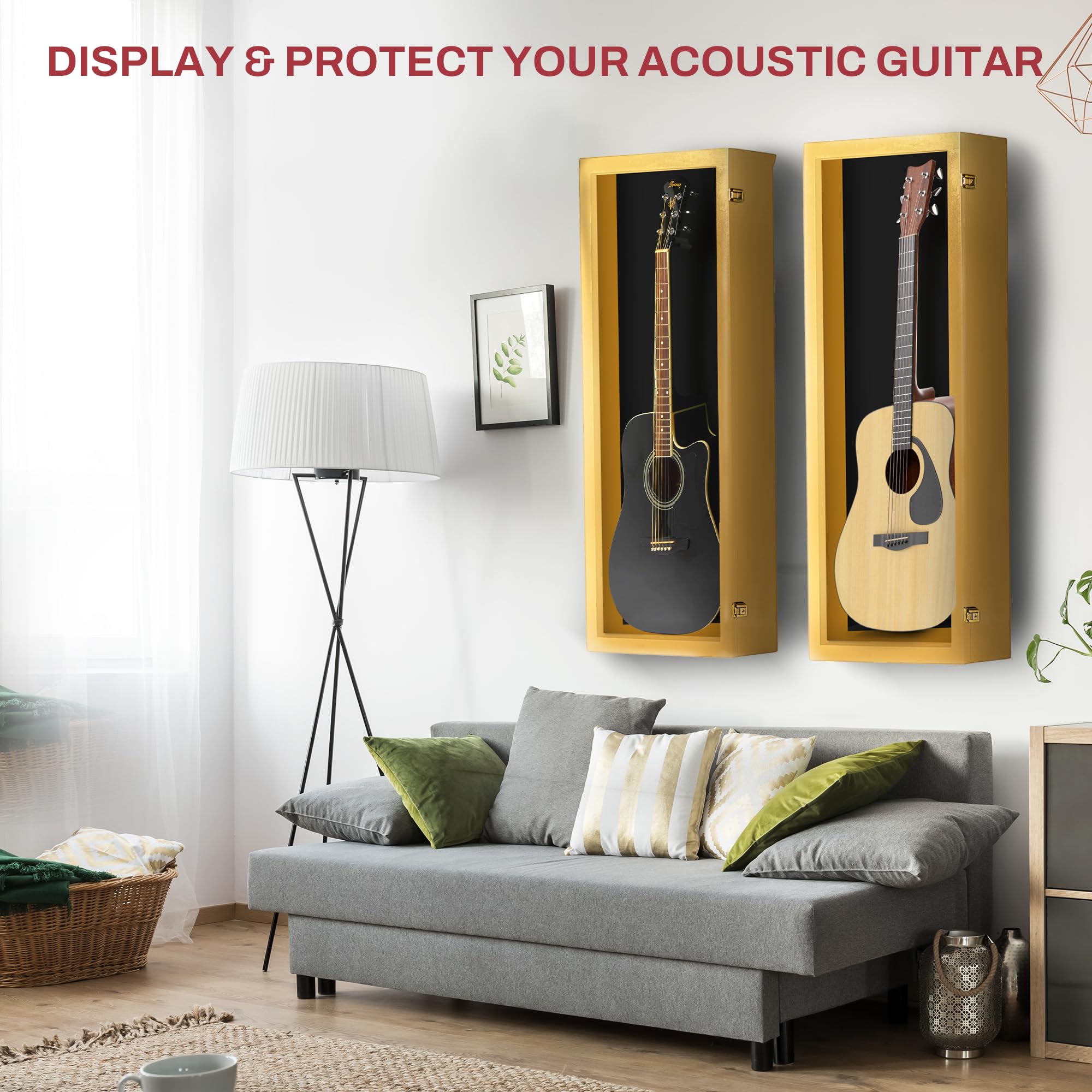 PENNZONI Acoustic Guitar Display Case – Acrylic Acoustic Guitar Case – Guitar Display Case Wall Mount Made from Hardwood Frame & Clear Acrylic – Golden Oak w/Black Felt