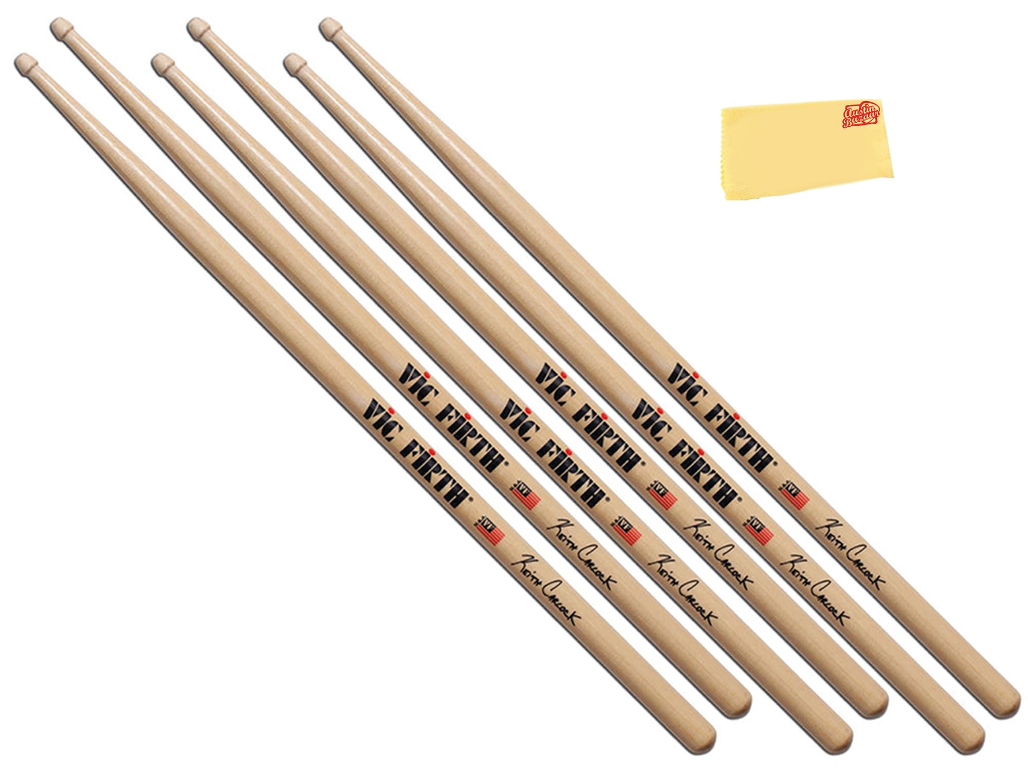 Vic Firth Signature Series Keith Carlock Drumsticks – 3‑Pack Bundle with Austin Bazaar Polishing Cloth