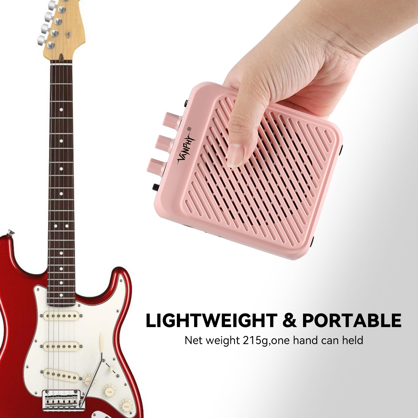 VANPHY Mini Electric Guitar Amplifier 3W Rechargeable Bluetooth Guitar Amp with Clean Overdrive Channel 5H Working Portable Small Amp for Indoor Practice and Traveling AG-03N Pink