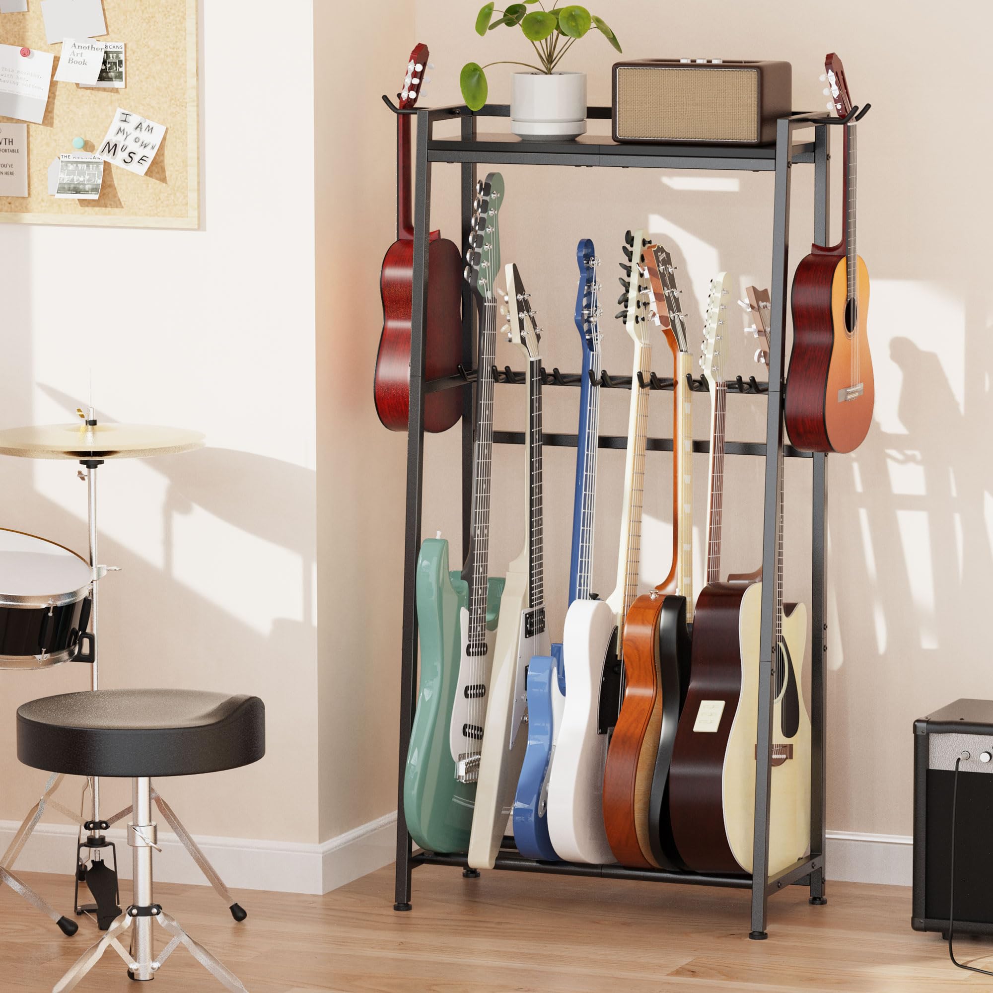 Vantimo Guitar Stand, Guitar Rack Holder for Acoustic Guitar, Electric Guitar, Bass Display Stand, Multiple Guitar Rack Holder for 7-9 Guitars, Guitar Amp Accessories, for Home Music Studio, Black